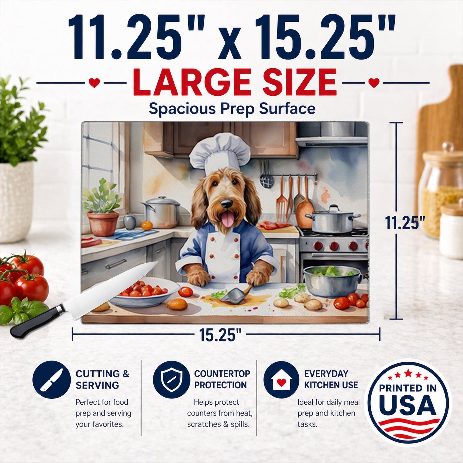 Otterhound The Chef Cutting Board Tempered Glass Kitchen Cutting Surface, Heat Resistant Chopping, Non-Slip Feet, Food Prep & Serving