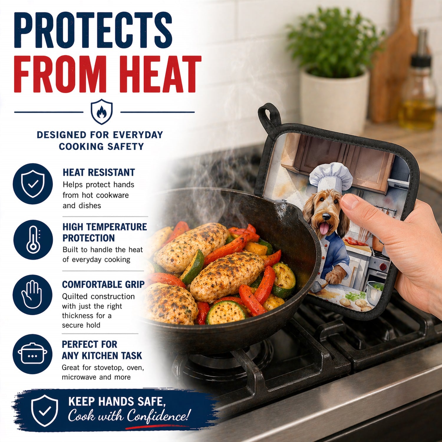 Otterhound The Chef Pot Holder Set of 2 Heat Resistant Quilted Hot Pads 7.5 x 7.5 Inch, Insulated Kitchen Trivets for Cooking & Baking