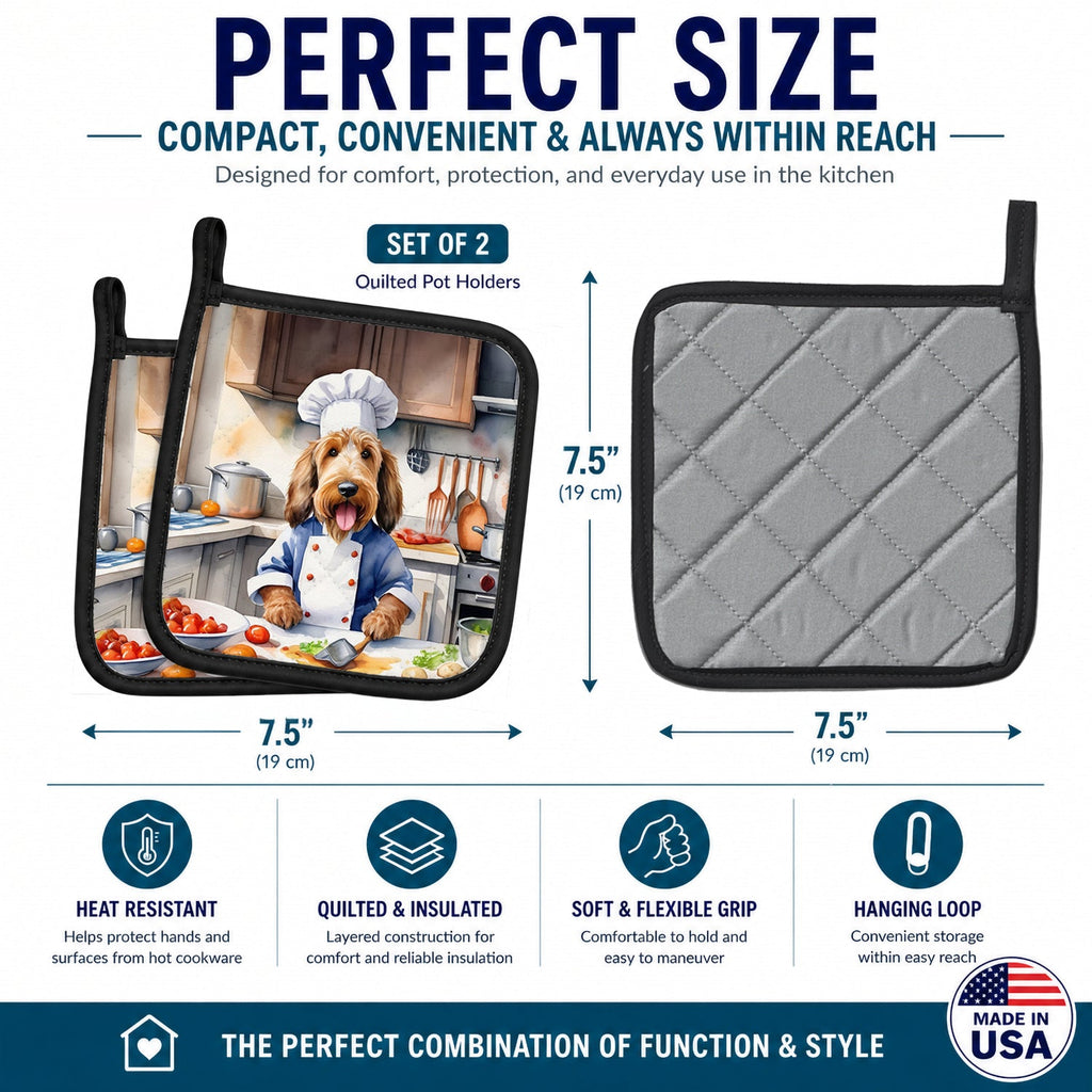 Otterhound The Chef Pot Holder Set of 2 Heat Resistant Quilted Hot Pads 7.5 x 7.5 Inch, Insulated Kitchen Trivets for Cooking & Baking