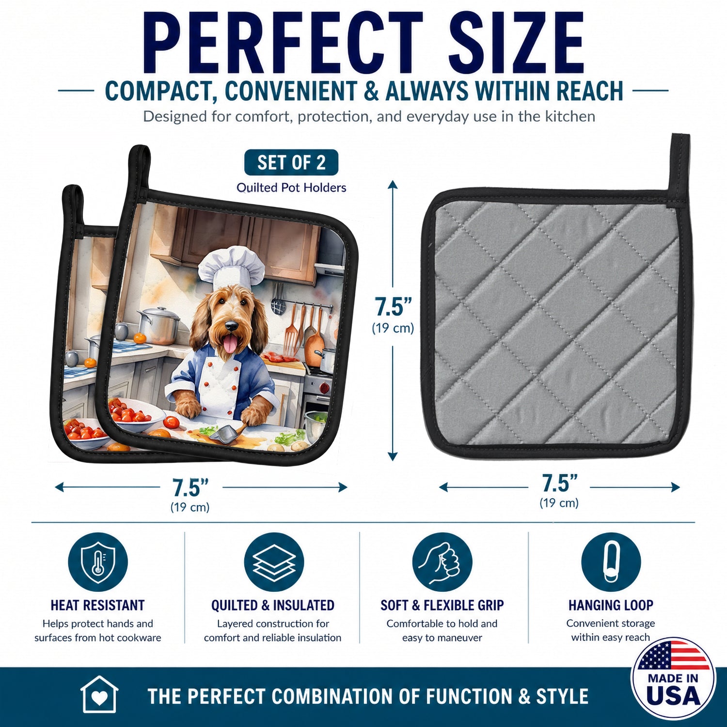 Otterhound The Chef Pot Holder Set of 2 Heat Resistant Quilted Hot Pads 7.5 x 7.5 Inch, Insulated Kitchen Trivets for Cooking & Baking