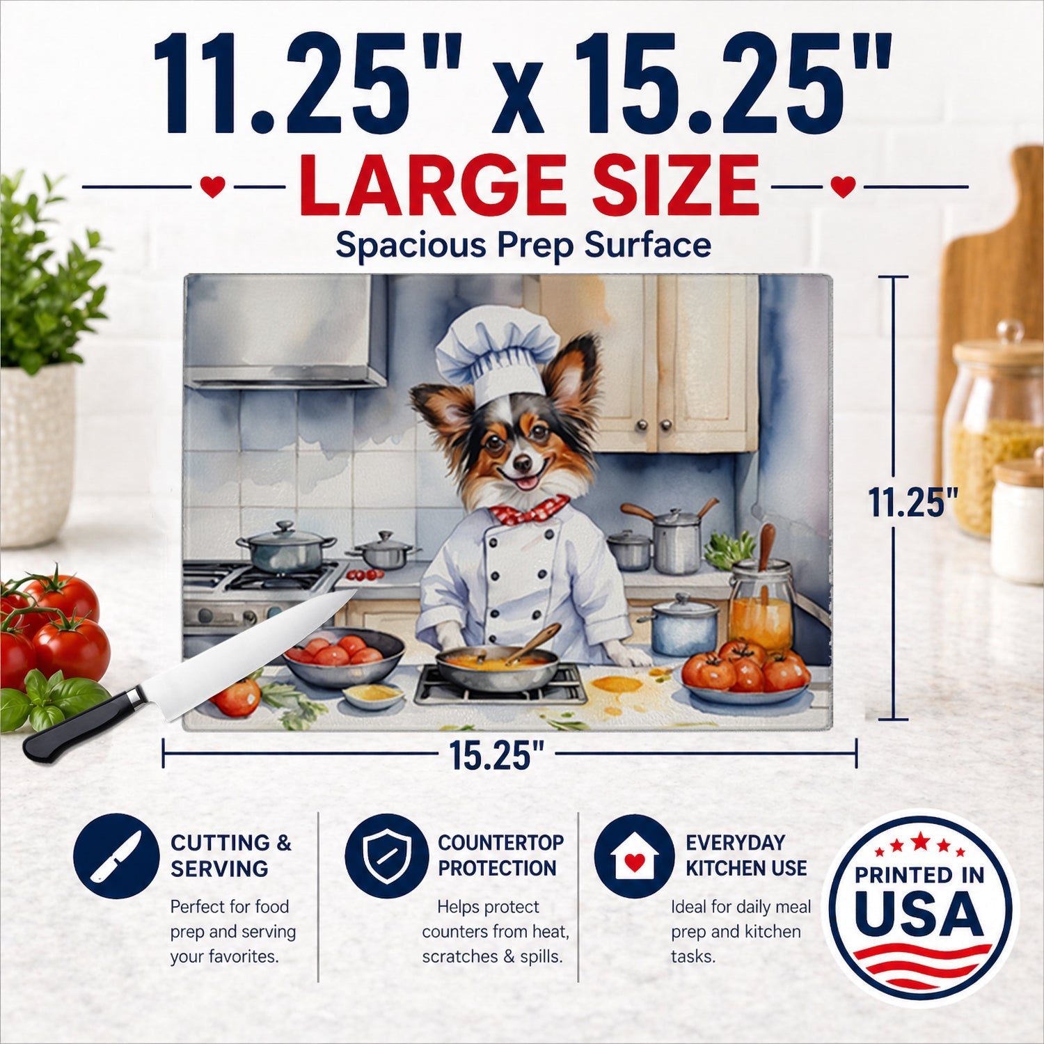 Papillon The Chef Cutting Board Tempered Glass Kitchen Cutting Surface, Heat Resistant Chopping, Non-Slip Feet, Food Prep & Serving