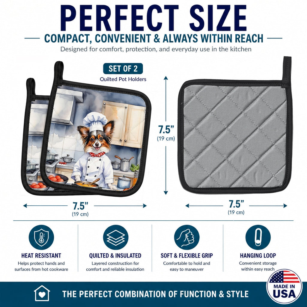 Papillon The Chef Pot Holder Set of 2 Heat Resistant Quilted Hot Pads 7.5 x 7.5 Inch, Insulated Kitchen Trivets for Cooking & Baking