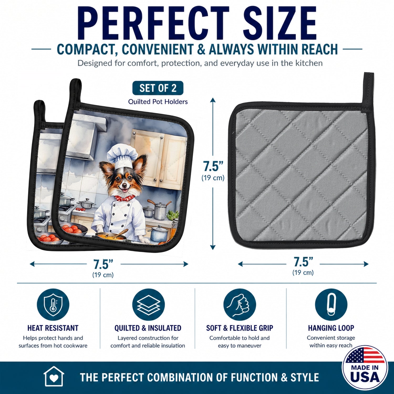 Papillon The Chef Pot Holder Set of 2 Heat Resistant Quilted Hot Pads 7.5 x 7.5 Inch, Insulated Kitchen Trivets for Cooking & Baking
