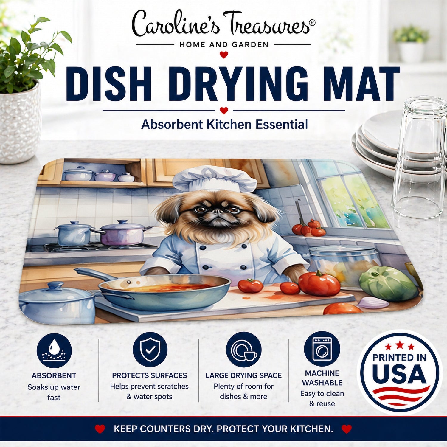 Pekingese The Chef Dish Drying Mat Absorbent Dish Drying Mat Pad for Kitchen Counter Dish Drainer Mat for Countertop, 14 x 21", Multicolor