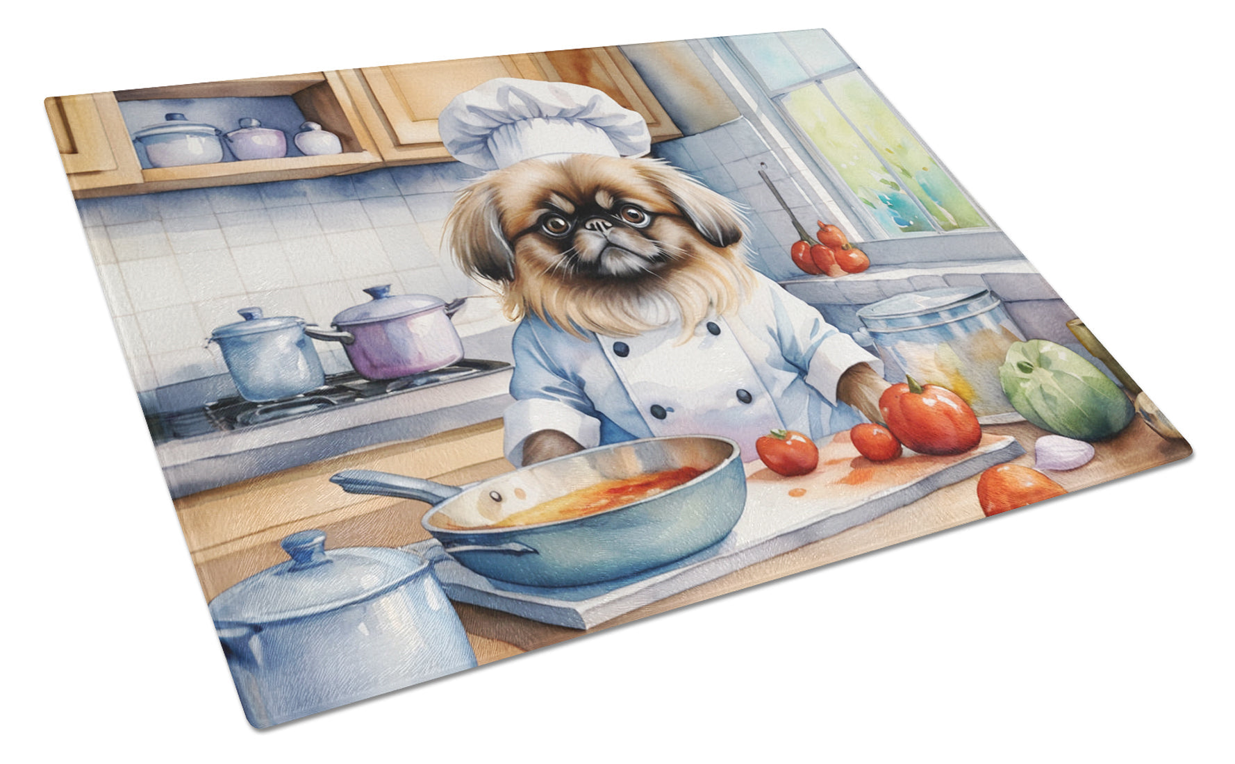 Pekingese The Chef Cutting Board Tempered Glass Kitchen Cutting Surface, Heat Resistant Chopping, Non-Slip Feet, Food Prep & Serving