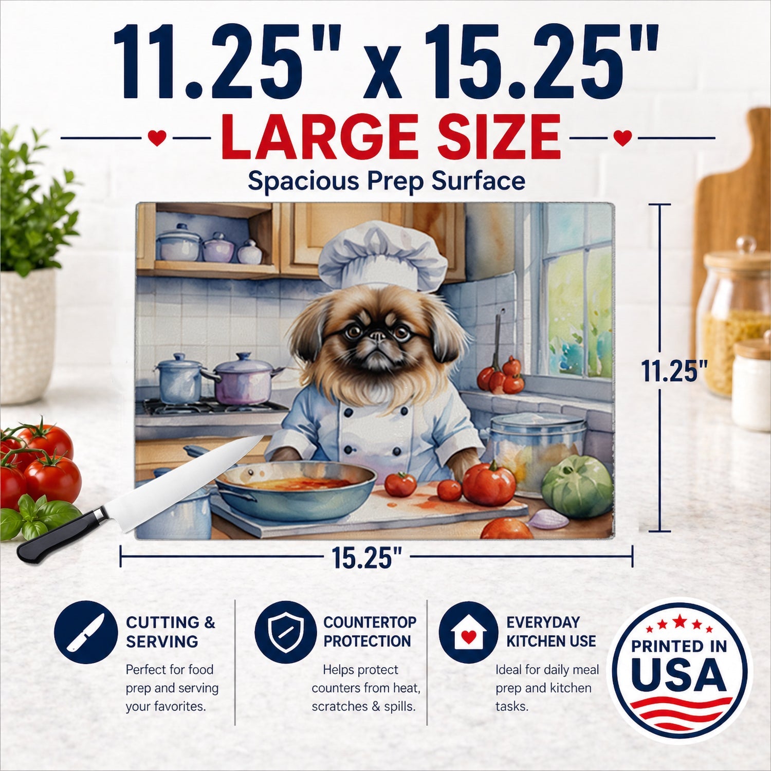 Pekingese The Chef Cutting Board Tempered Glass Kitchen Cutting Surface, Heat Resistant Chopping, Non-Slip Feet, Food Prep & Serving