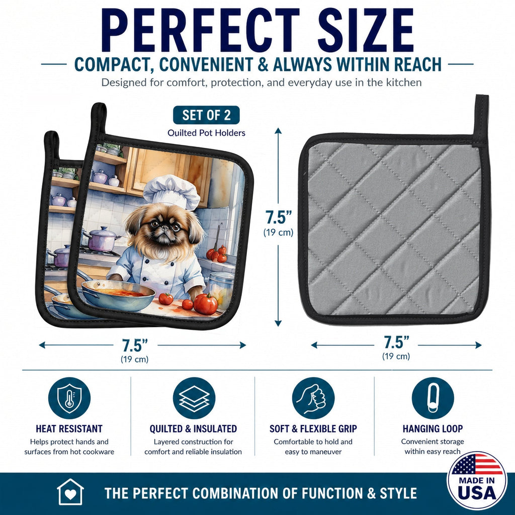 Pekingese The Chef Pot Holder Set of 2 Heat Resistant Quilted Hot Pads 7.5 x 7.5 Inch, Insulated Kitchen Trivets for Cooking & Baking