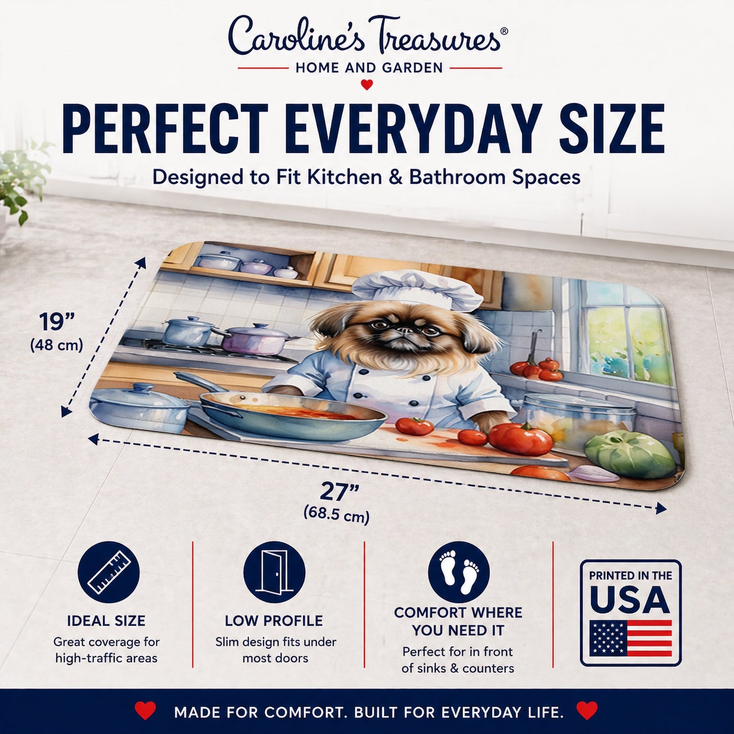 Pekingese The Chef Memory Foam Kitchen Mat Machine Washable Anti-Fatigue Cushion Comfort Bath or Kitchen Rug