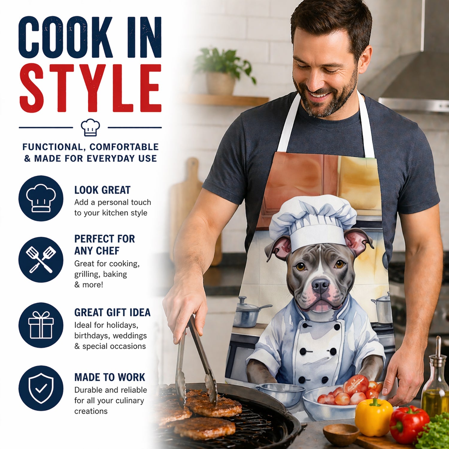 Pit Bull Terrier The Chef Apron Cooking Kitchen Server Baking Crafts Gardening for Adult Women Men, Unisex, Large, Multicolor