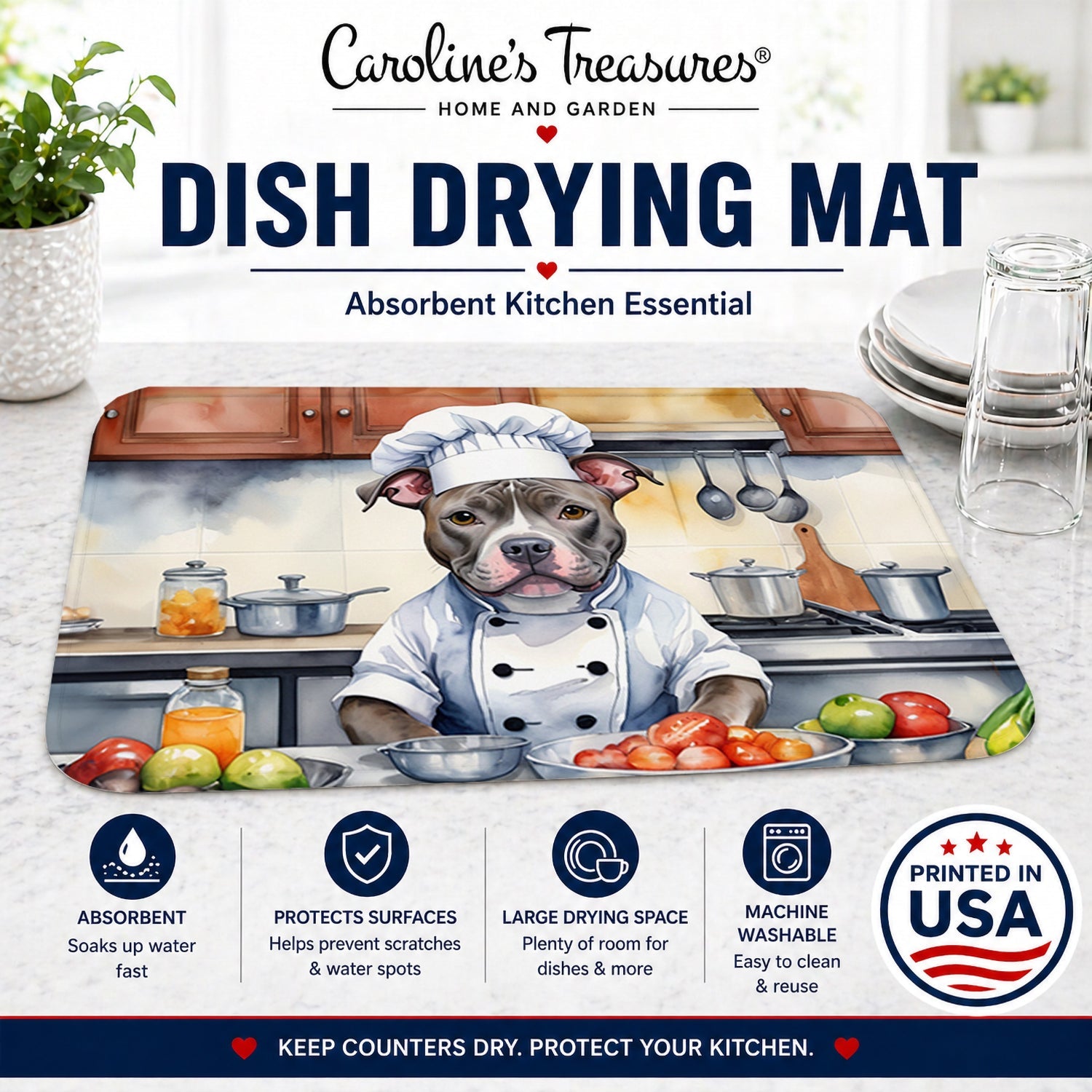 Pit Bull Terrier The Chef Dish Drying Mat Absorbent Dish Drying Mat Pad for Kitchen Counter Dish Drainer Mat for Countertop, 14 x 21", Multicolor