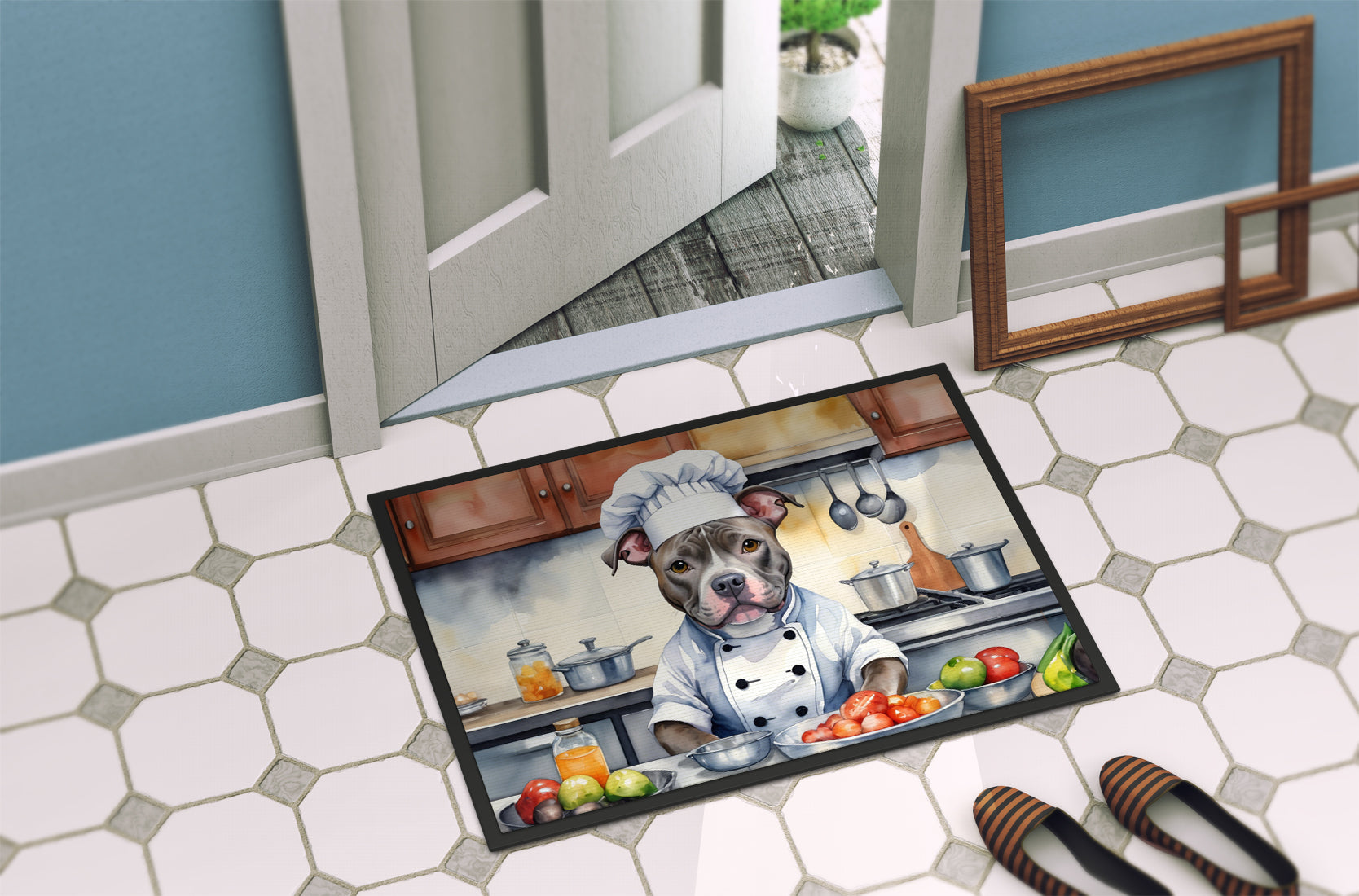 Pit Bull Terrier The Chef Doormat Indoor Outdoor 24H X 36W Front Door Mat Rugs for Entryway, Non Slip Washable Low Pile,