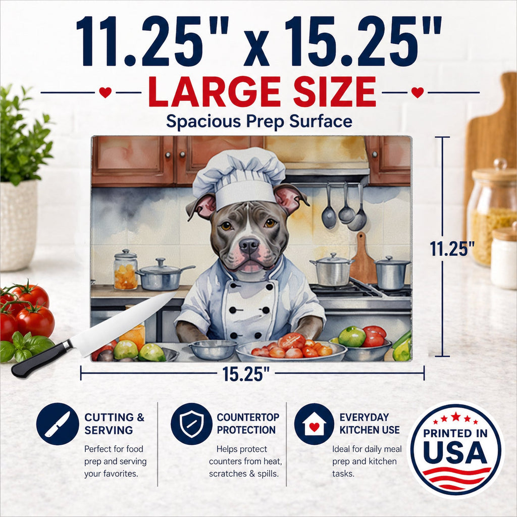 Pit Bull Terrier The Chef Cutting Board Tempered Glass Kitchen Cutting Surface, Heat Resistant Chopping, Non-Slip Feet, Food Prep & Serving