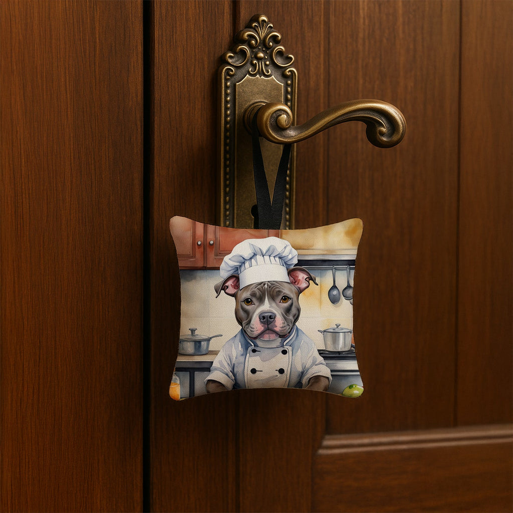 Pit Bull Terrier The Chef Hanging Square Fabric Ornament 3.5 × 3.5 Decorative Door-Knob & Tree Hanger, Soft Fabric