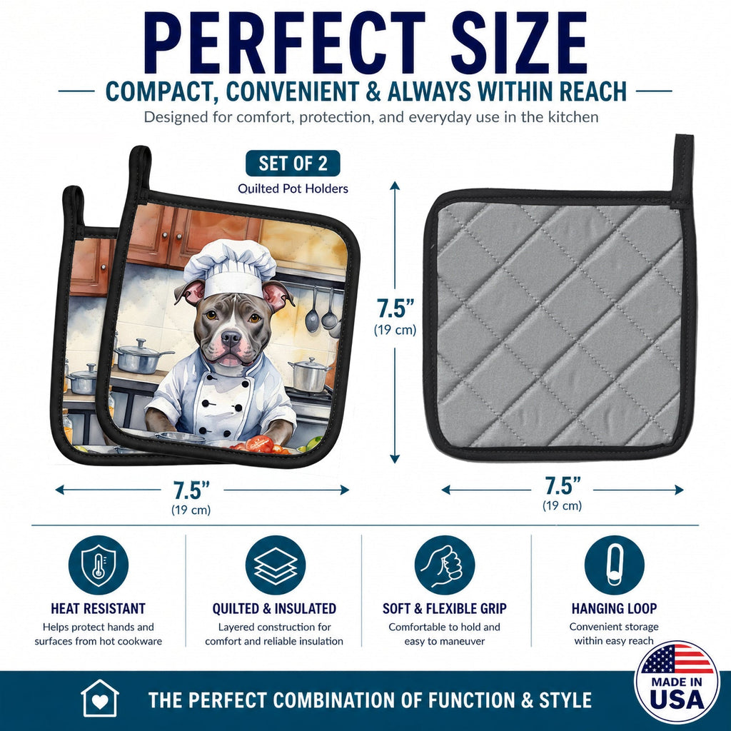 Pit Bull Terrier The Chef Pot Holder Set of 2 Heat Resistant Quilted Hot Pads 7.5 x 7.5 Inch, Insulated Kitchen Trivets for Cooking & Baking