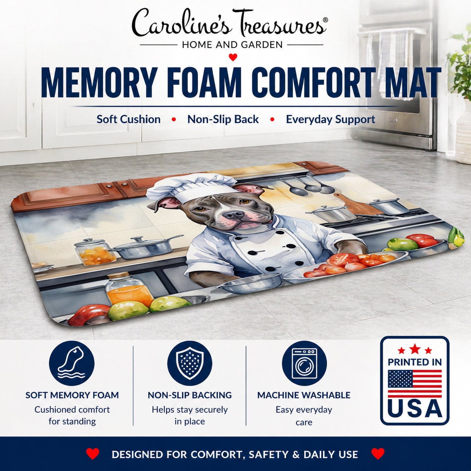 Pit Bull Terrier The Chef Memory Foam Kitchen Mat Machine Washable Anti-Fatigue Cushion Comfort Bath or Kitchen Rug