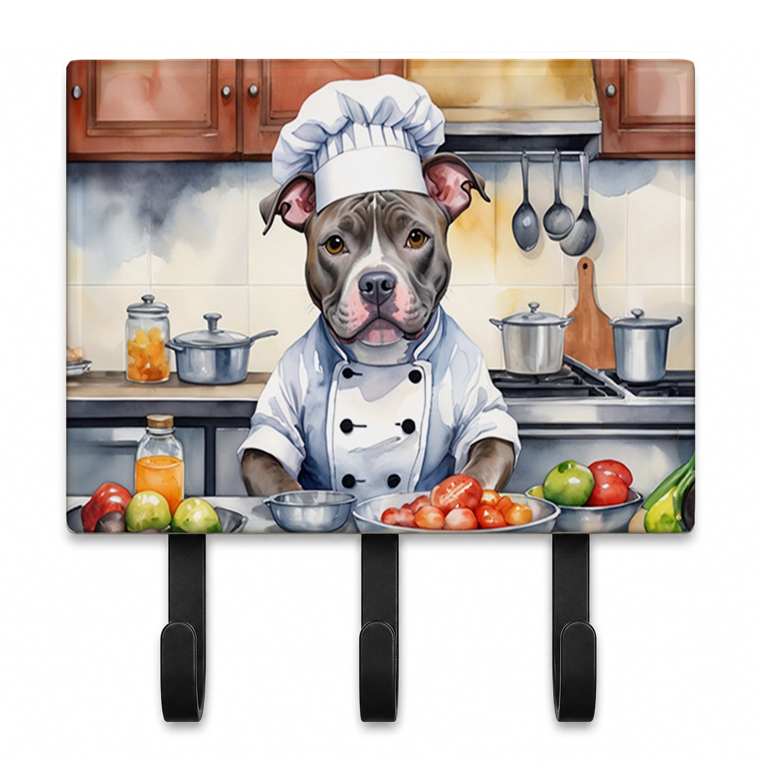 Pit Bull Terrier The Chef Leash or Key Holder Wall Hooks, Coat Rack Wall Mount, for Hanging Keys, Towels, Aprons, Leashes