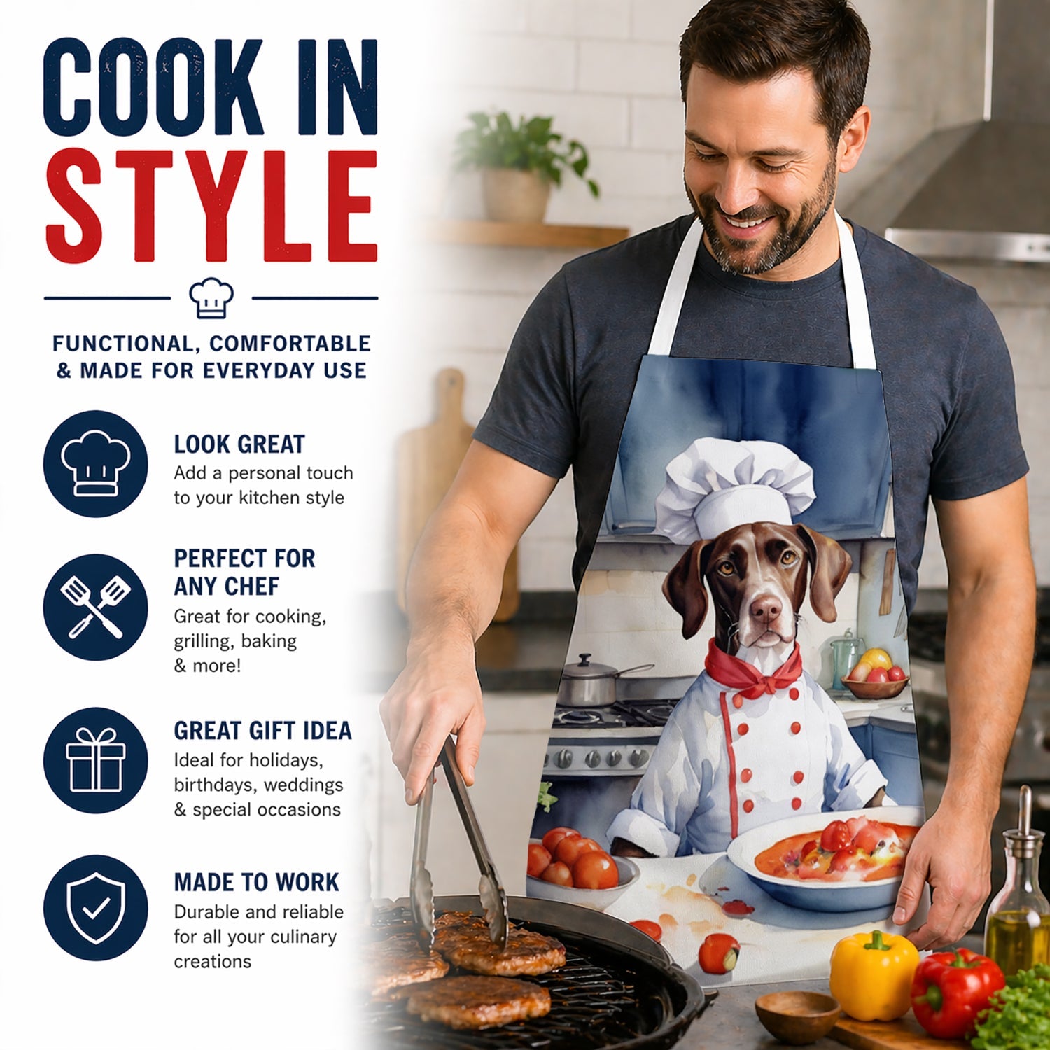 Pointer The Chef Apron Cooking Kitchen Server Baking Crafts Gardening for Adult Women Men, Unisex, Large, Multicolor