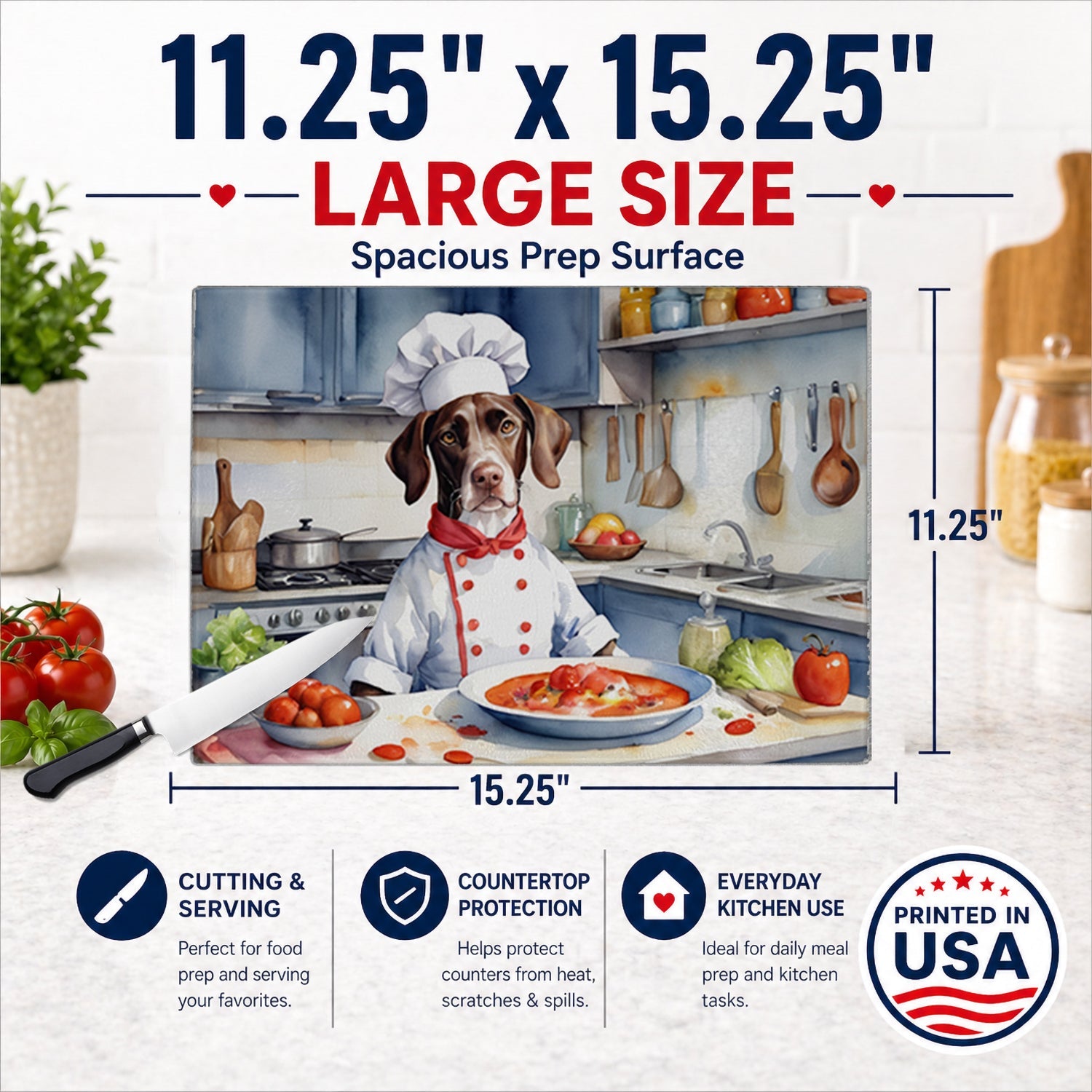 Pointer The Chef Cutting Board Tempered Glass Kitchen Cutting Surface, Heat Resistant Chopping, Non-Slip Feet, Food Prep & Serving