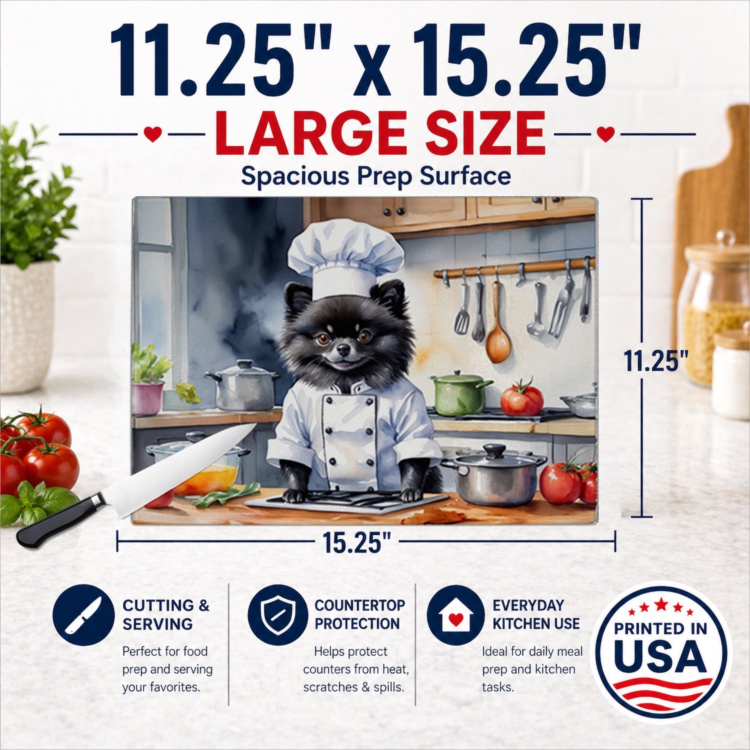 Pomeranian The Chef Cutting Board Tempered Glass Kitchen Cutting Surface, Heat Resistant Chopping, Non-Slip Feet, Food Prep & Serving