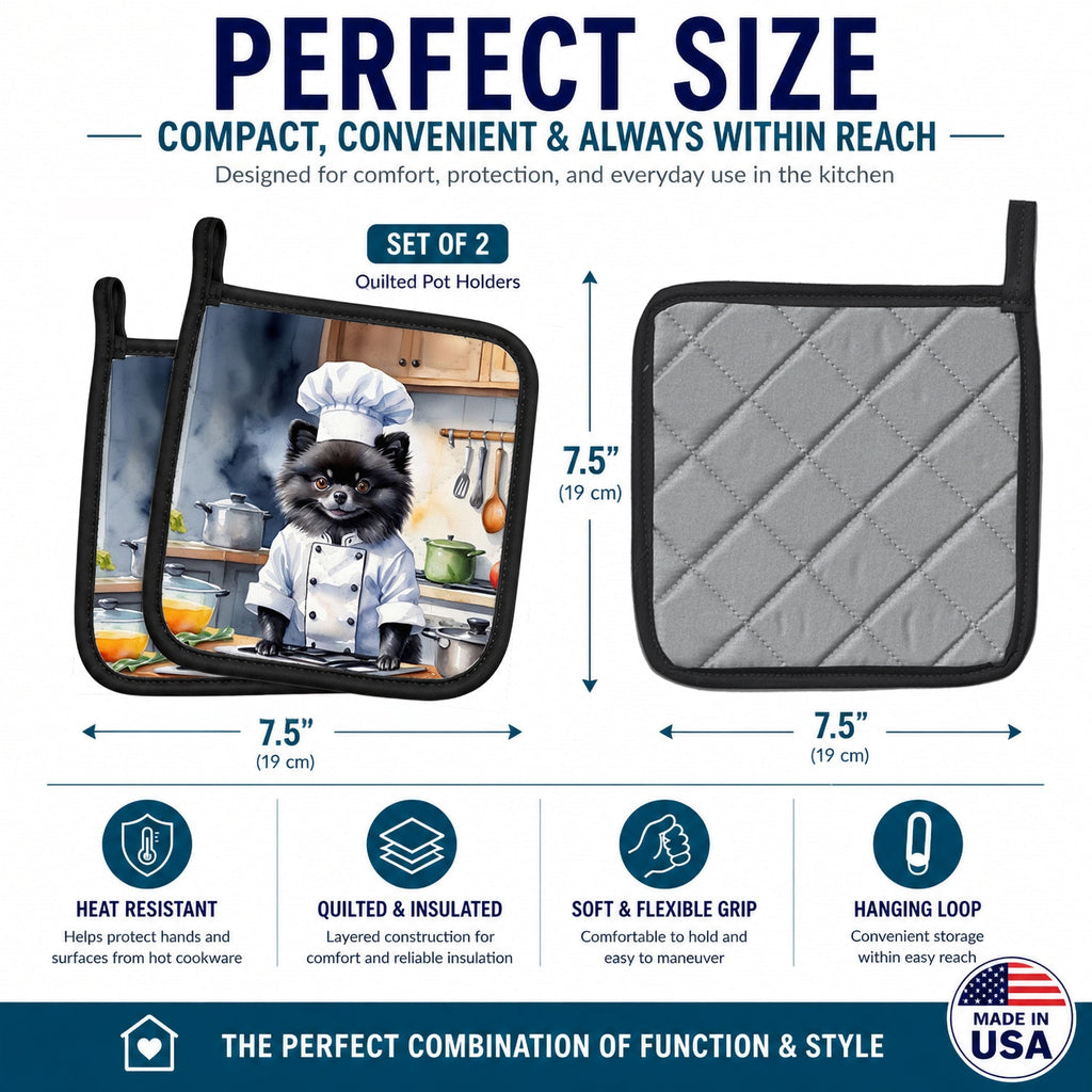 Pomeranian The Chef Pot Holder Set of 2 Heat Resistant Quilted Hot Pads 7.5 x 7.5 Inch, Insulated Kitchen Trivets for Cooking & Baking