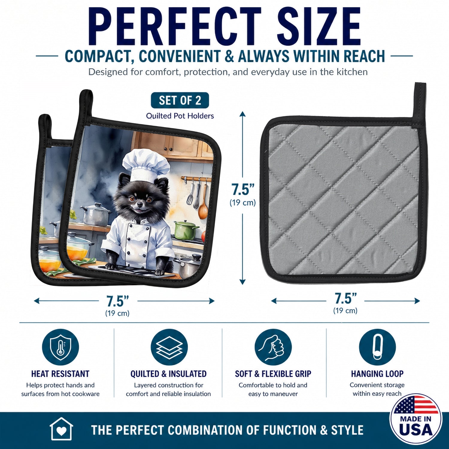 Pomeranian The Chef Pot Holder Set of 2 Heat Resistant Quilted Hot Pads 7.5 x 7.5 Inch, Insulated Kitchen Trivets for Cooking & Baking