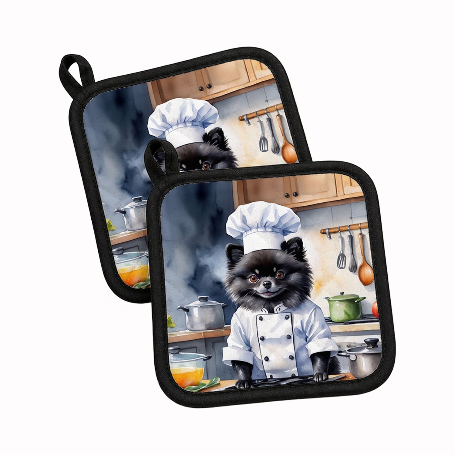 Pomeranian The Chef Pot Holder Set of 2 Heat Resistant Quilted Hot Pads 7.5 x 7.5 Inch, Insulated Kitchen Trivets for Cooking & Baking