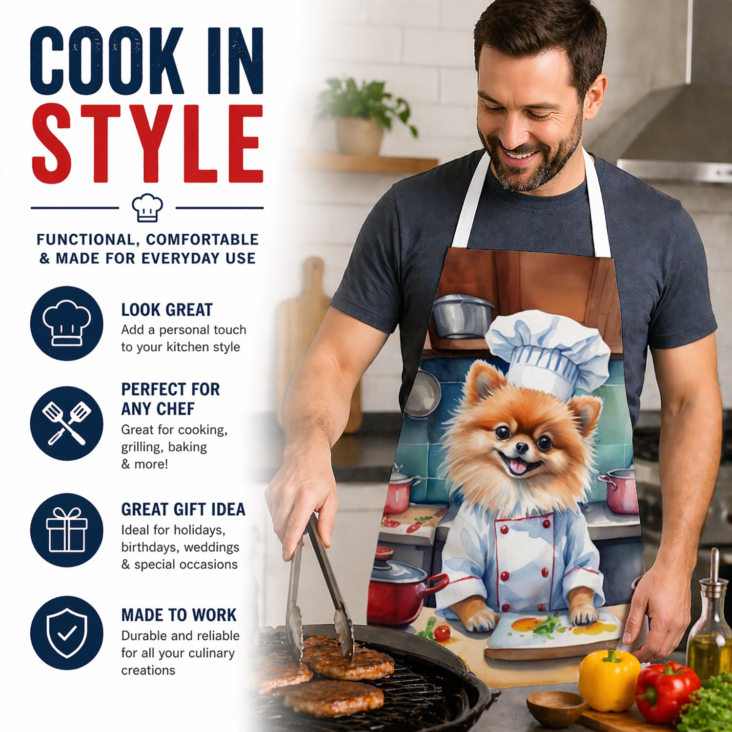 Pomeranian The Chef Apron Cooking Kitchen Server Baking Crafts Gardening for Adult Women Men, Unisex, Large, Multicolor