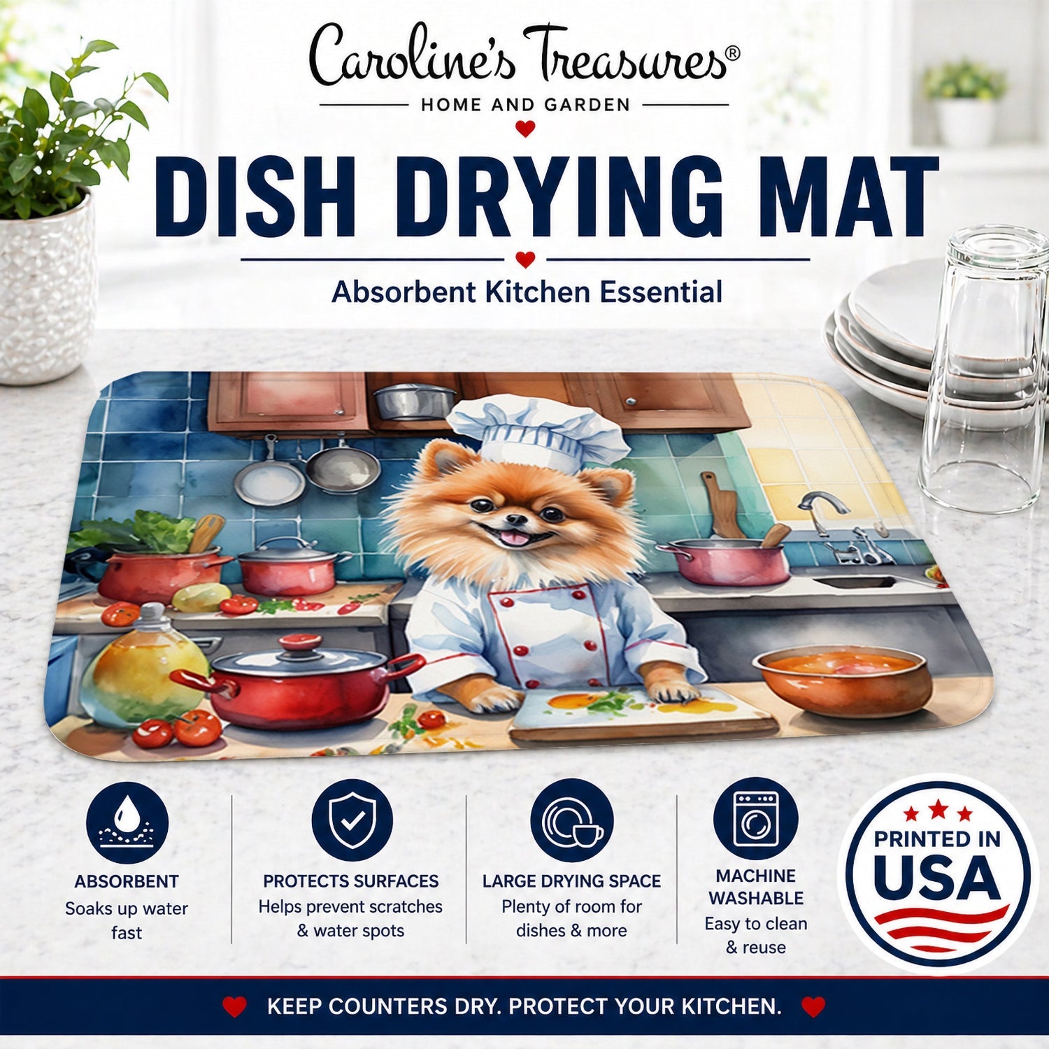 Pomeranian The Chef Dish Drying Mat Absorbent Dish Drying Mat Pad for Kitchen Counter Dish Drainer Mat for Countertop, 14 x 21", Multicolor