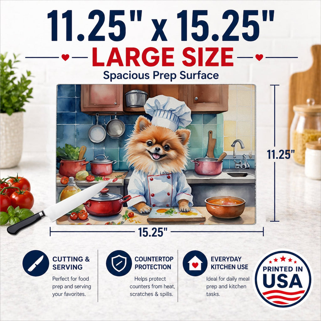 Pomeranian The Chef Cutting Board Tempered Glass Kitchen Cutting Surface, Heat Resistant Chopping, Non-Slip Feet, Food Prep & Serving