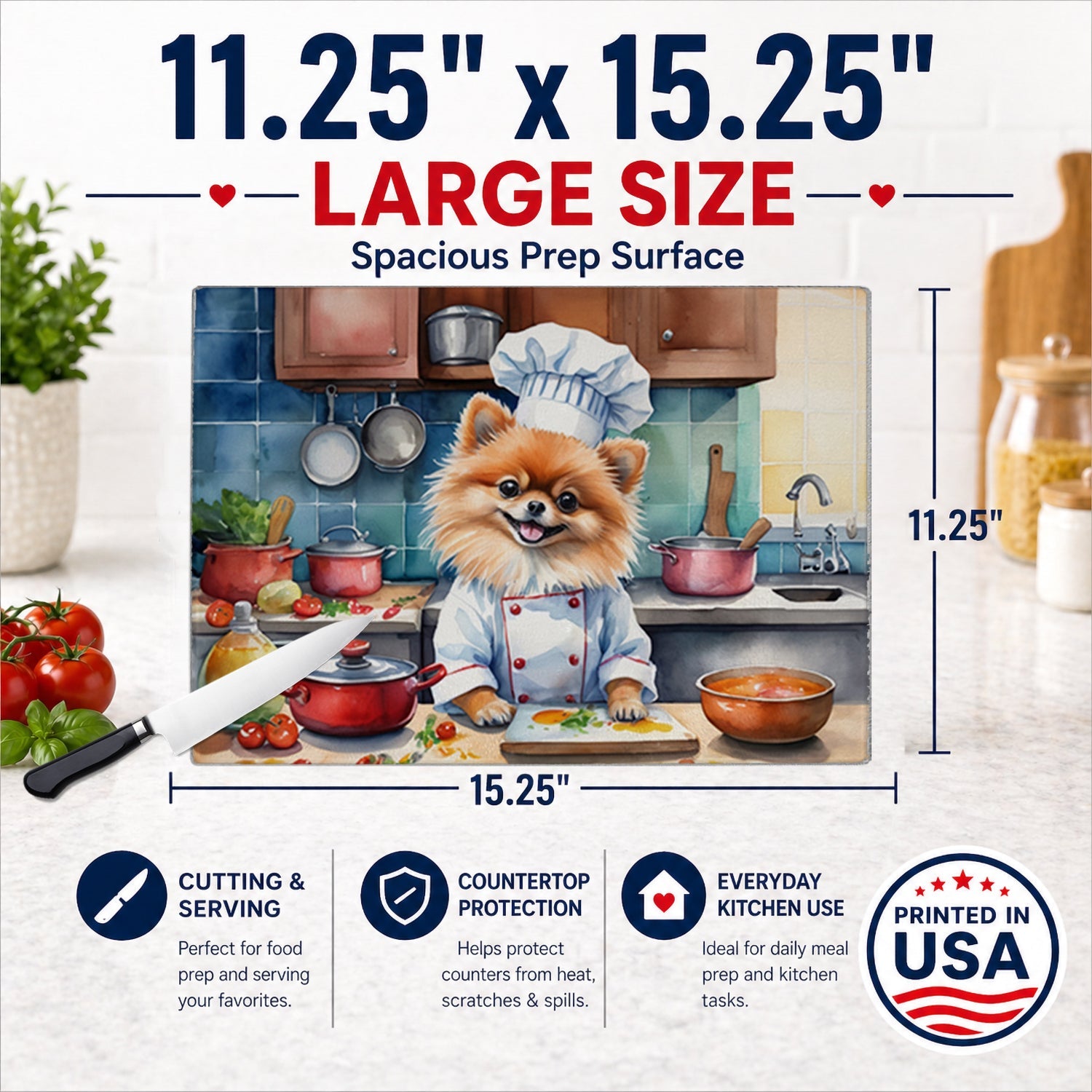 Pomeranian The Chef Cutting Board Tempered Glass Kitchen Cutting Surface, Heat Resistant Chopping, Non-Slip Feet, Food Prep & Serving