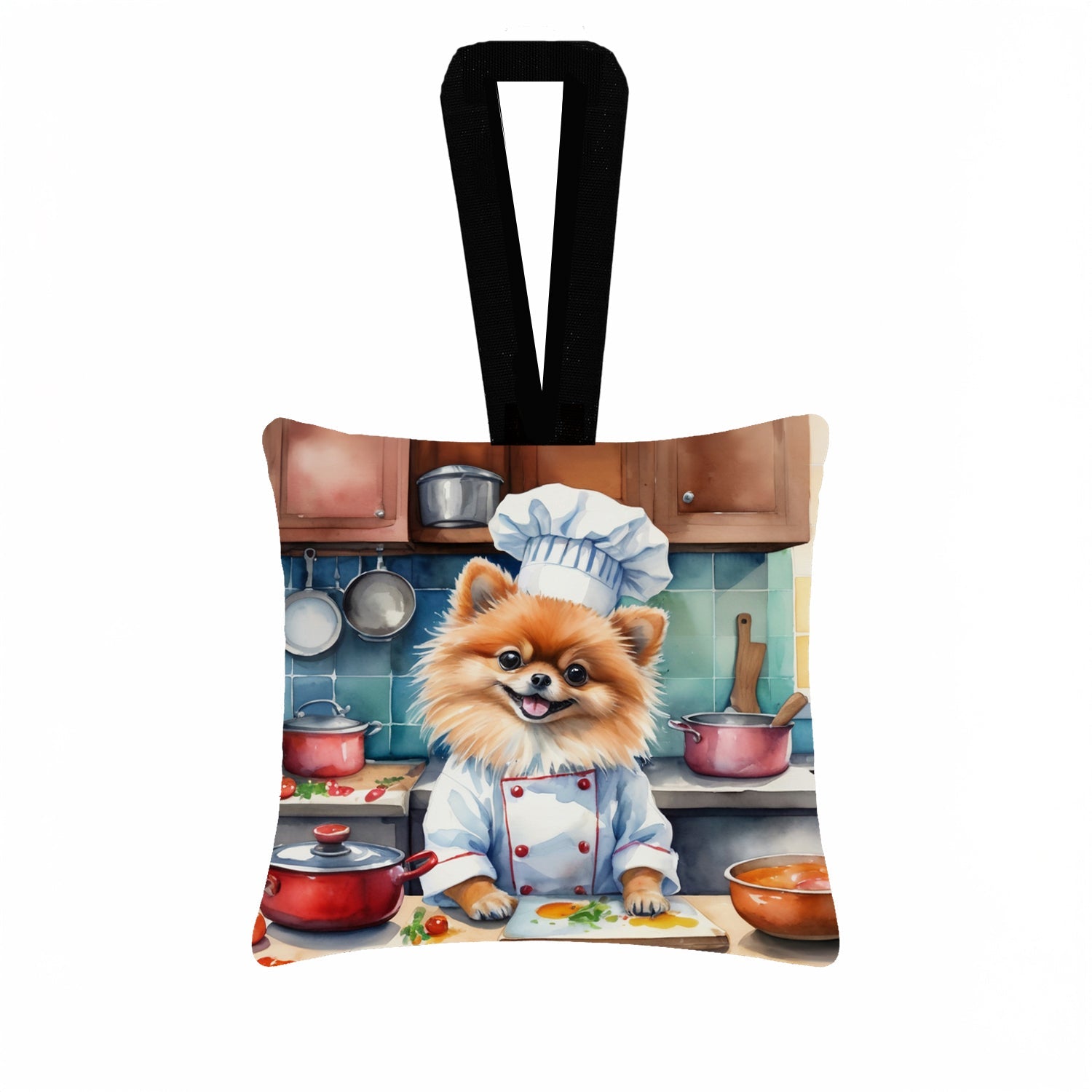 Pomeranian The Chef Hanging Square Fabric Ornament 3.5 × 3.5 Decorative Door-Knob & Tree Hanger, Soft Fabric