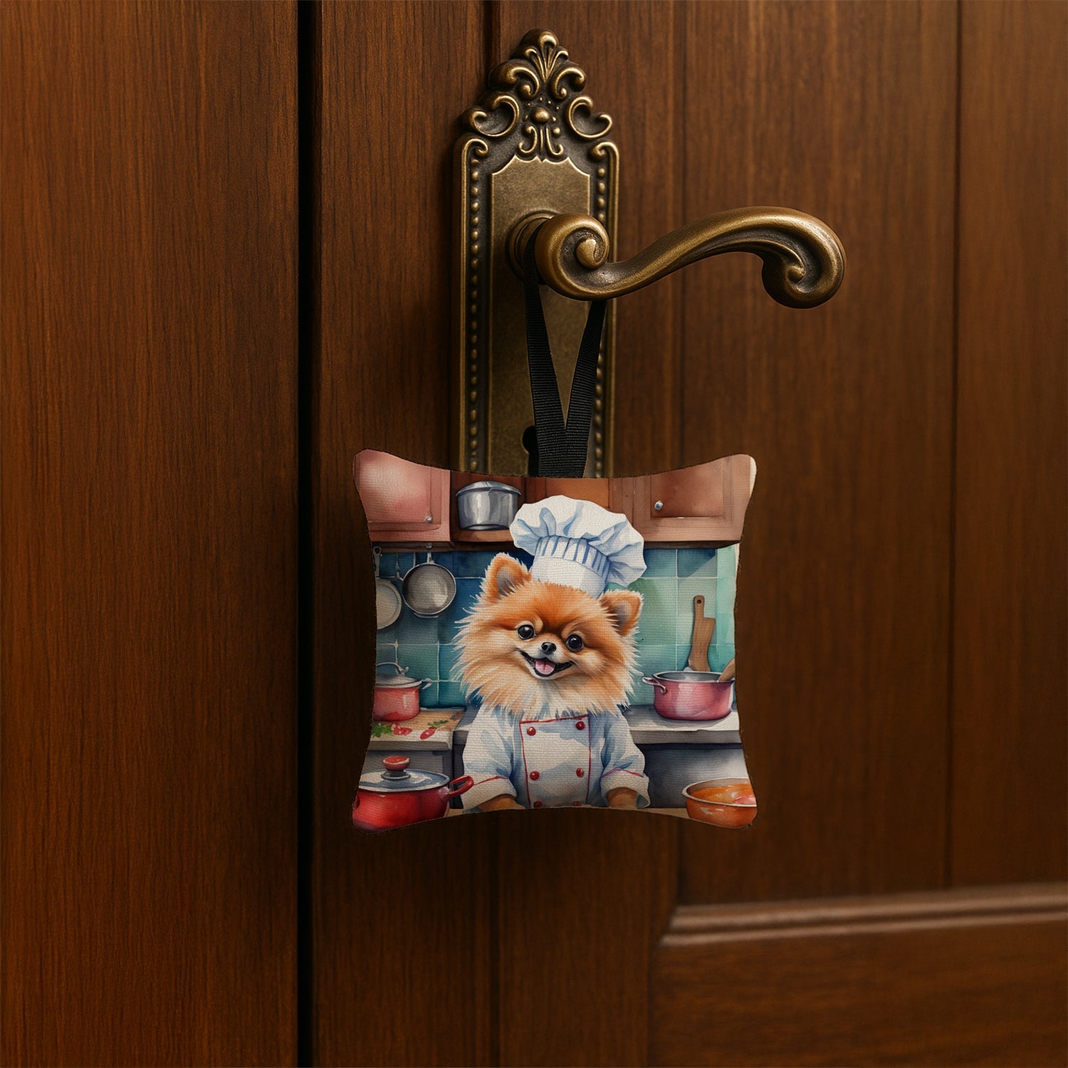 Pomeranian The Chef Hanging Square Fabric Ornament 3.5 × 3.5 Decorative Door-Knob & Tree Hanger, Soft Fabric