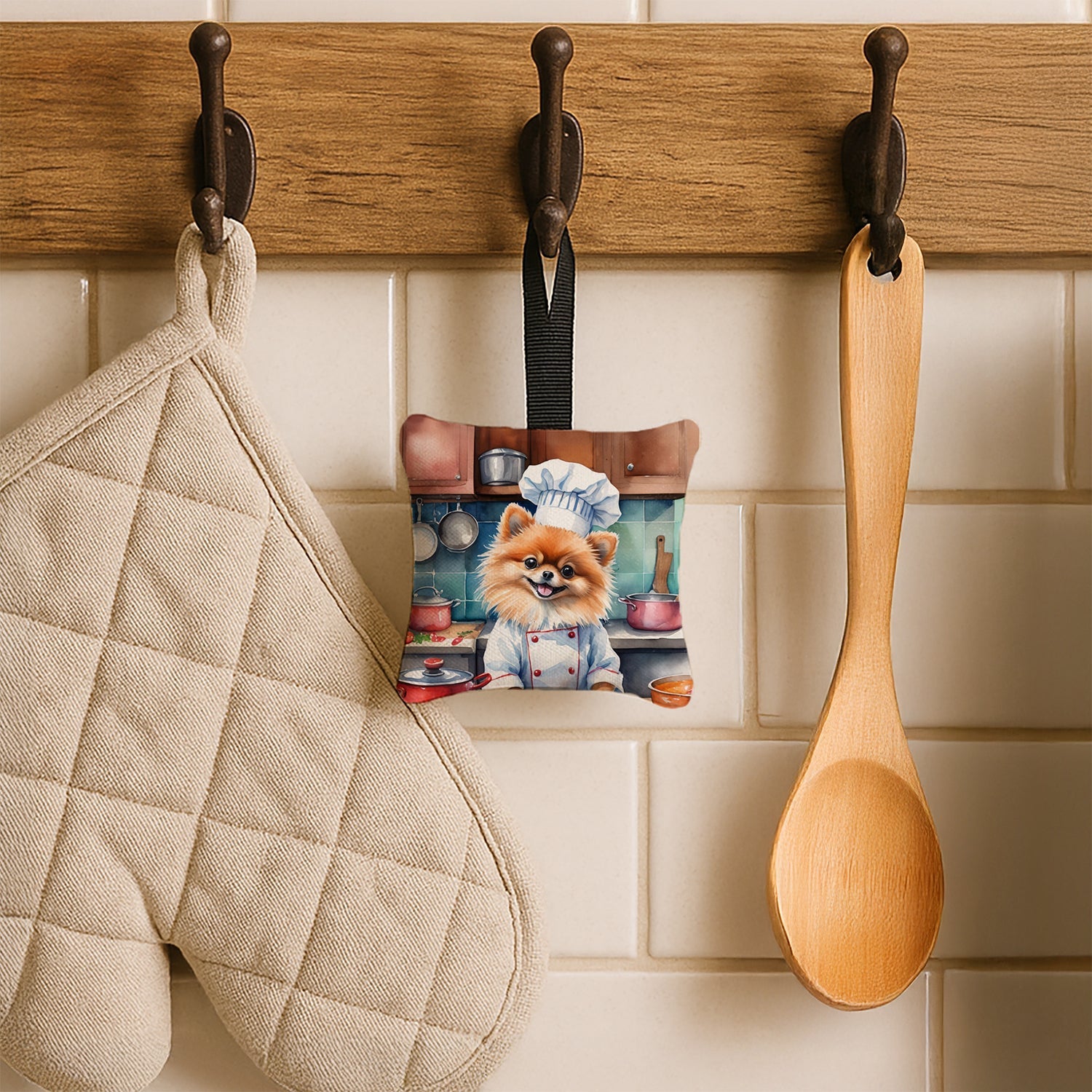 Pomeranian The Chef Hanging Square Fabric Ornament 3.5 × 3.5 Decorative Door-Knob & Tree Hanger, Soft Fabric
