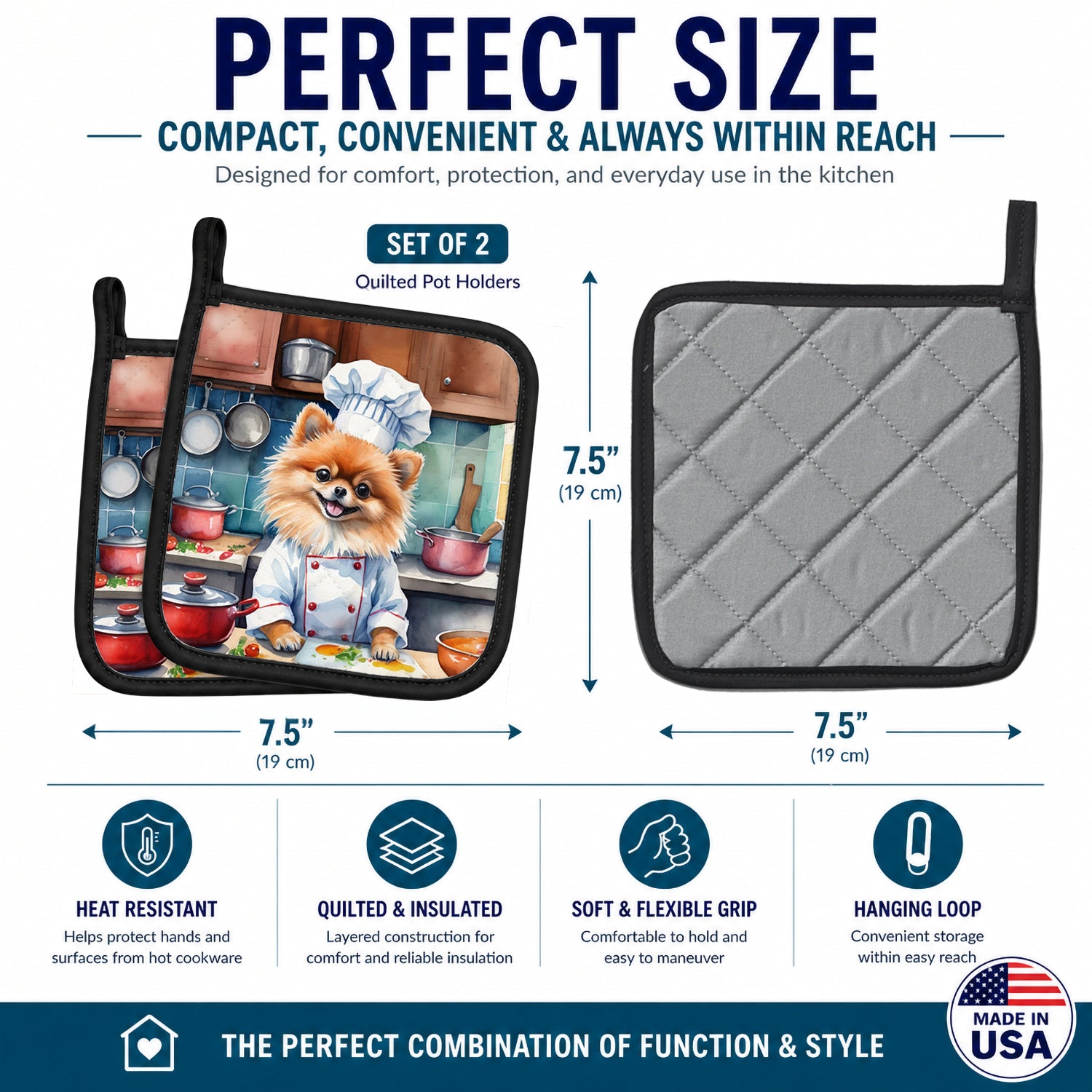 Pomeranian The Chef Pot Holder Set of 2 Heat Resistant Quilted Hot Pads 7.5 x 7.5 Inch, Insulated Kitchen Trivets for Cooking & Baking