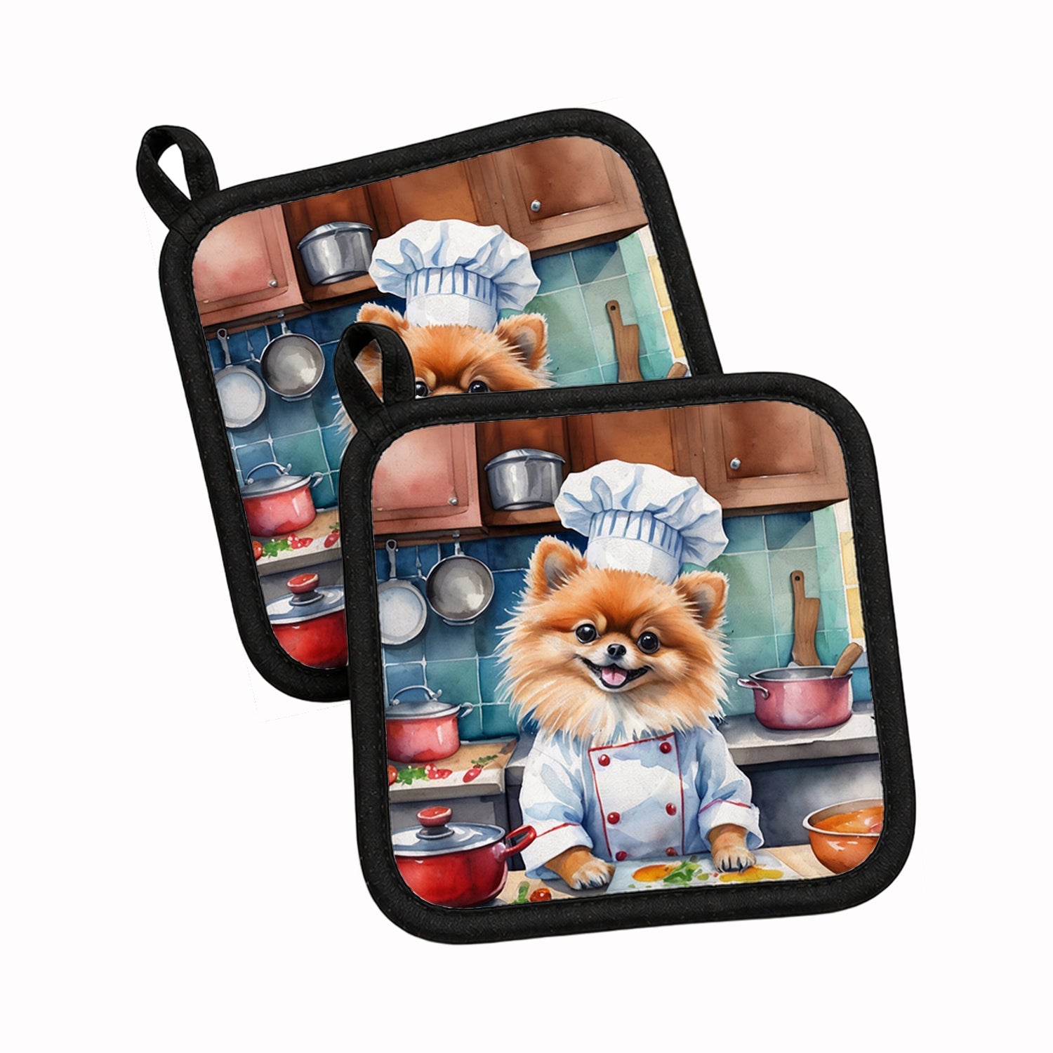 Pomeranian The Chef Pot Holder Set of 2 Heat Resistant Quilted Hot Pads 7.5 x 7.5 Inch, Insulated Kitchen Trivets for Cooking & Baking