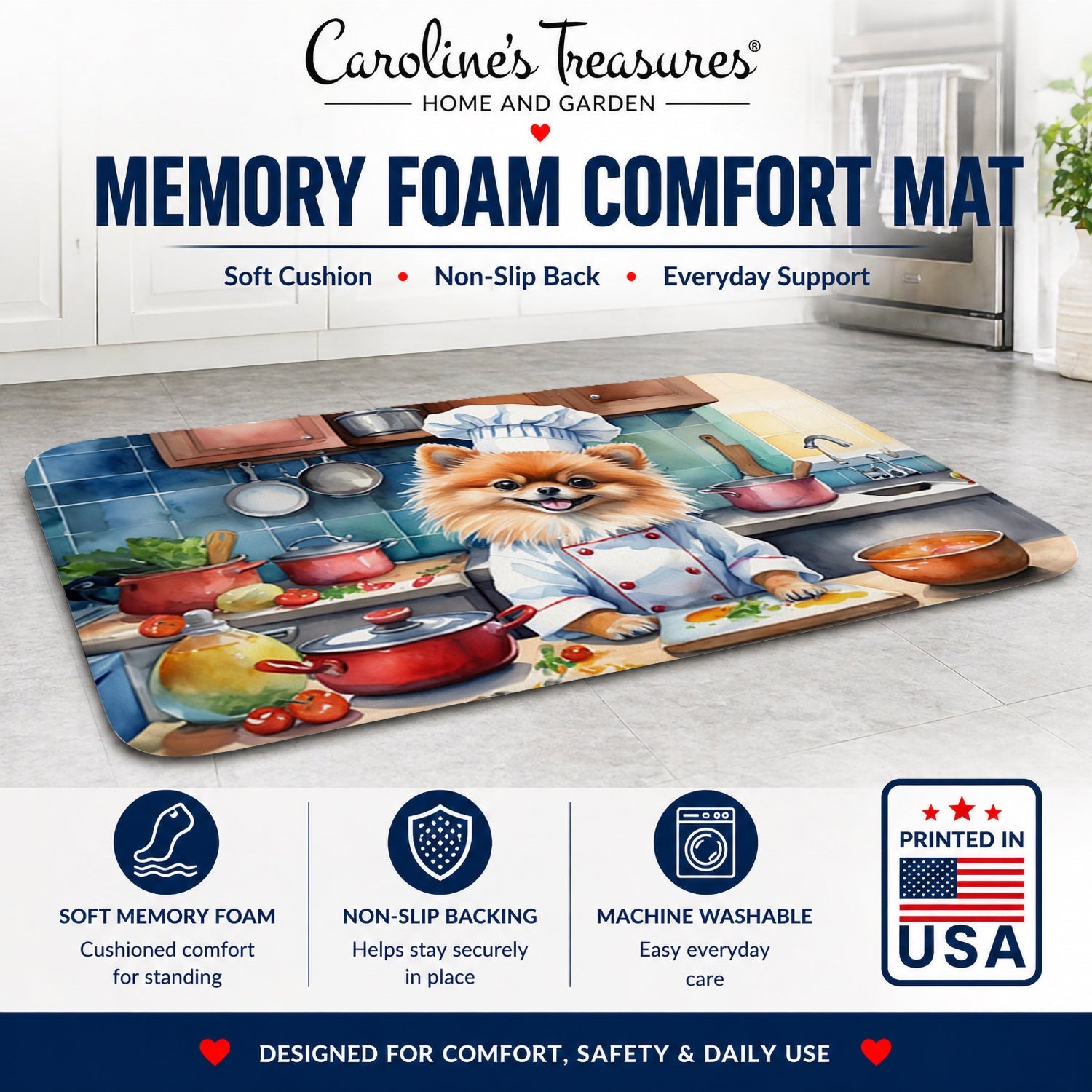 Pomeranian The Chef Memory Foam Kitchen Mat Machine Washable Anti-Fatigue Cushion Comfort Bath or Kitchen Rug
