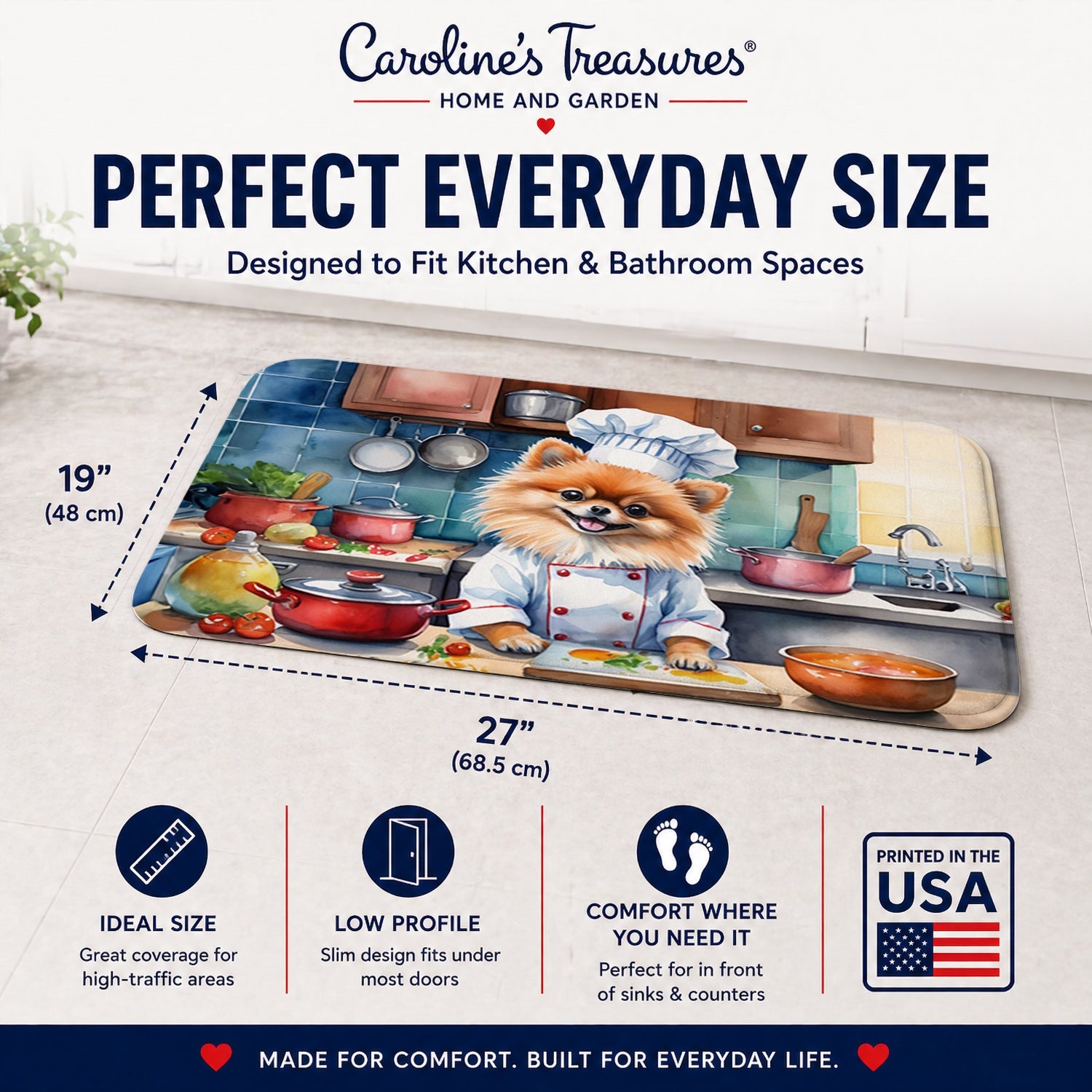 Pomeranian The Chef Memory Foam Kitchen Mat Machine Washable Anti-Fatigue Cushion Comfort Bath or Kitchen Rug