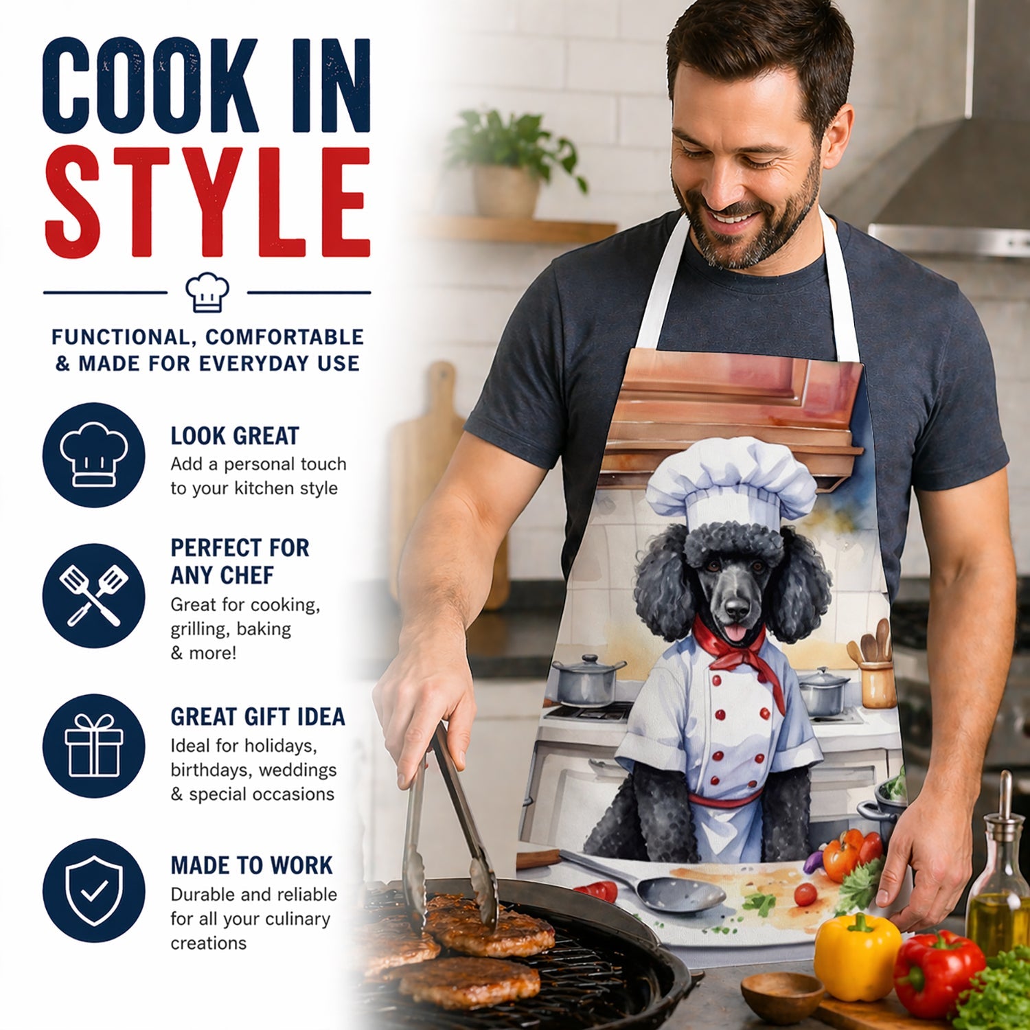 Black Poodle The Chef Apron Cooking Kitchen Server Baking Crafts Gardening for Adult Women Men, Unisex, Large, Multicolor