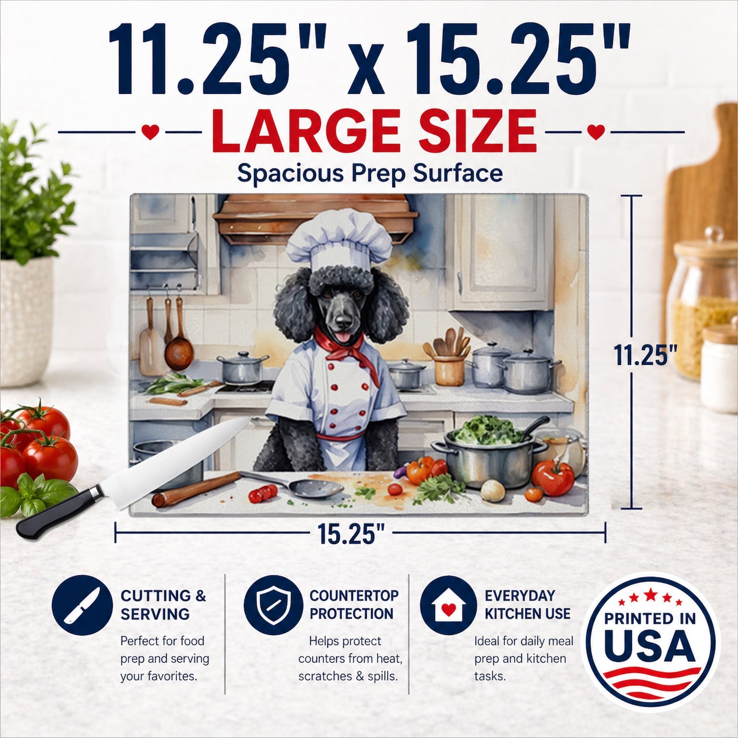 Black Poodle The Chef Cutting Board Tempered Glass Kitchen Cutting Surface, Heat Resistant Chopping, Non-Slip Feet, Food Prep & Serving