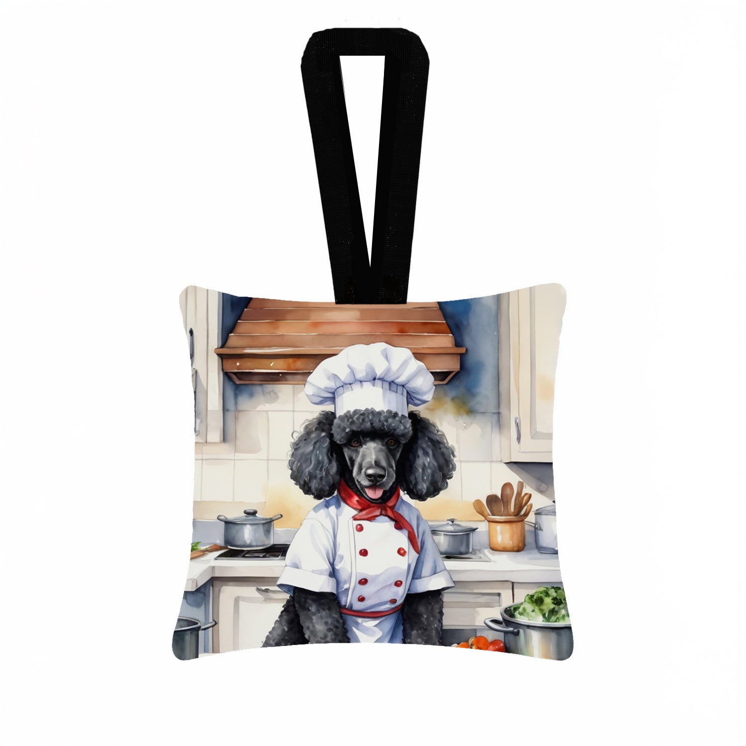 Black Poodle The Chef Hanging Square Fabric Ornament 3.5 × 3.5 Decorative Door-Knob & Tree Hanger, Soft Fabric