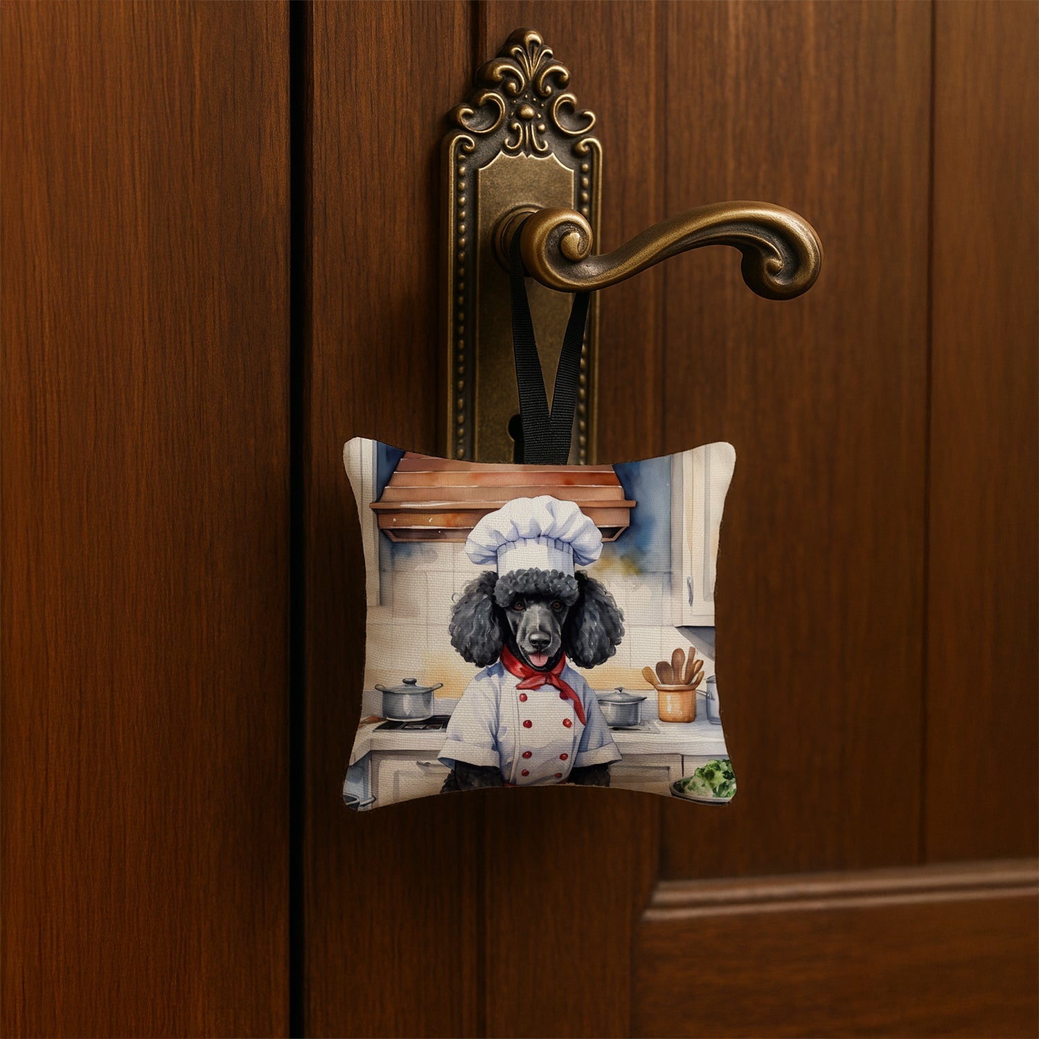 Black Poodle The Chef Hanging Square Fabric Ornament 3.5 × 3.5 Decorative Door-Knob & Tree Hanger, Soft Fabric