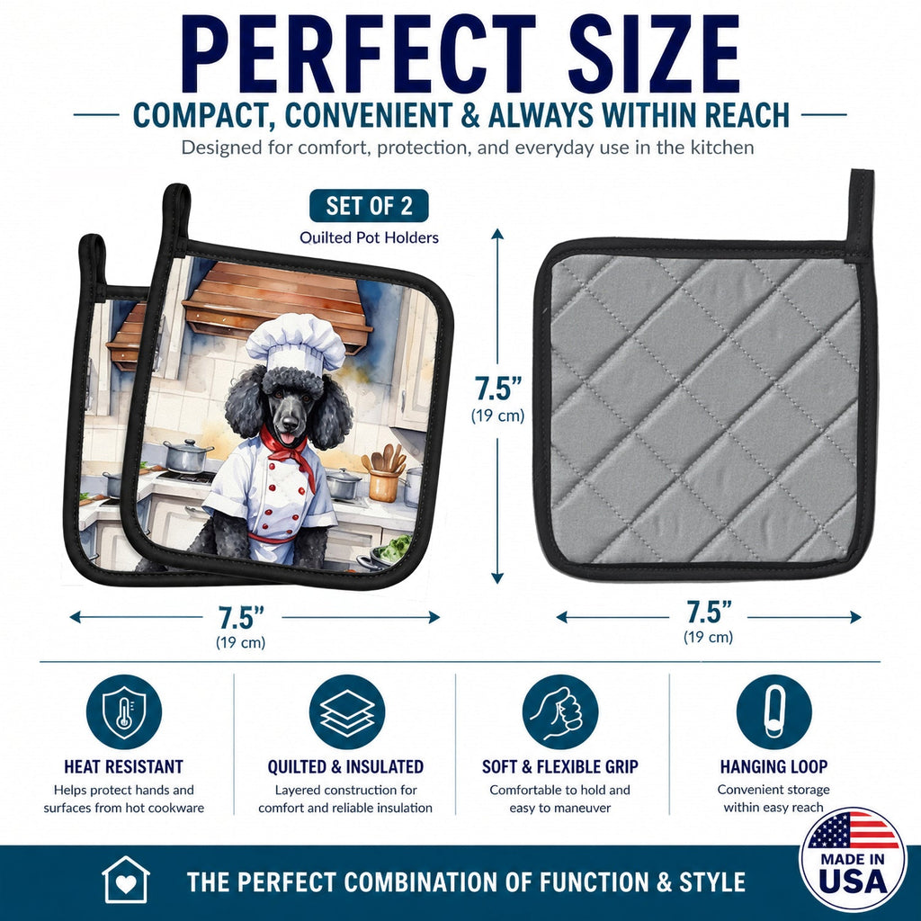 Black Poodle The Chef Pot Holder Set of 2 Heat Resistant Quilted Hot Pads 7.5 x 7.5 Inch, Insulated Kitchen Trivets for Cooking & Baking