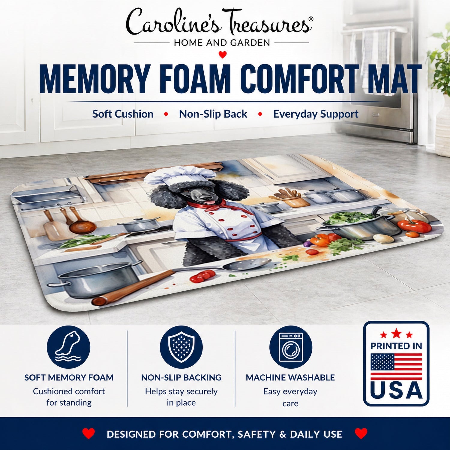 Black Poodle The Chef Memory Foam Kitchen Mat Machine Washable Anti-Fatigue Cushion Comfort Bath or Kitchen Rug