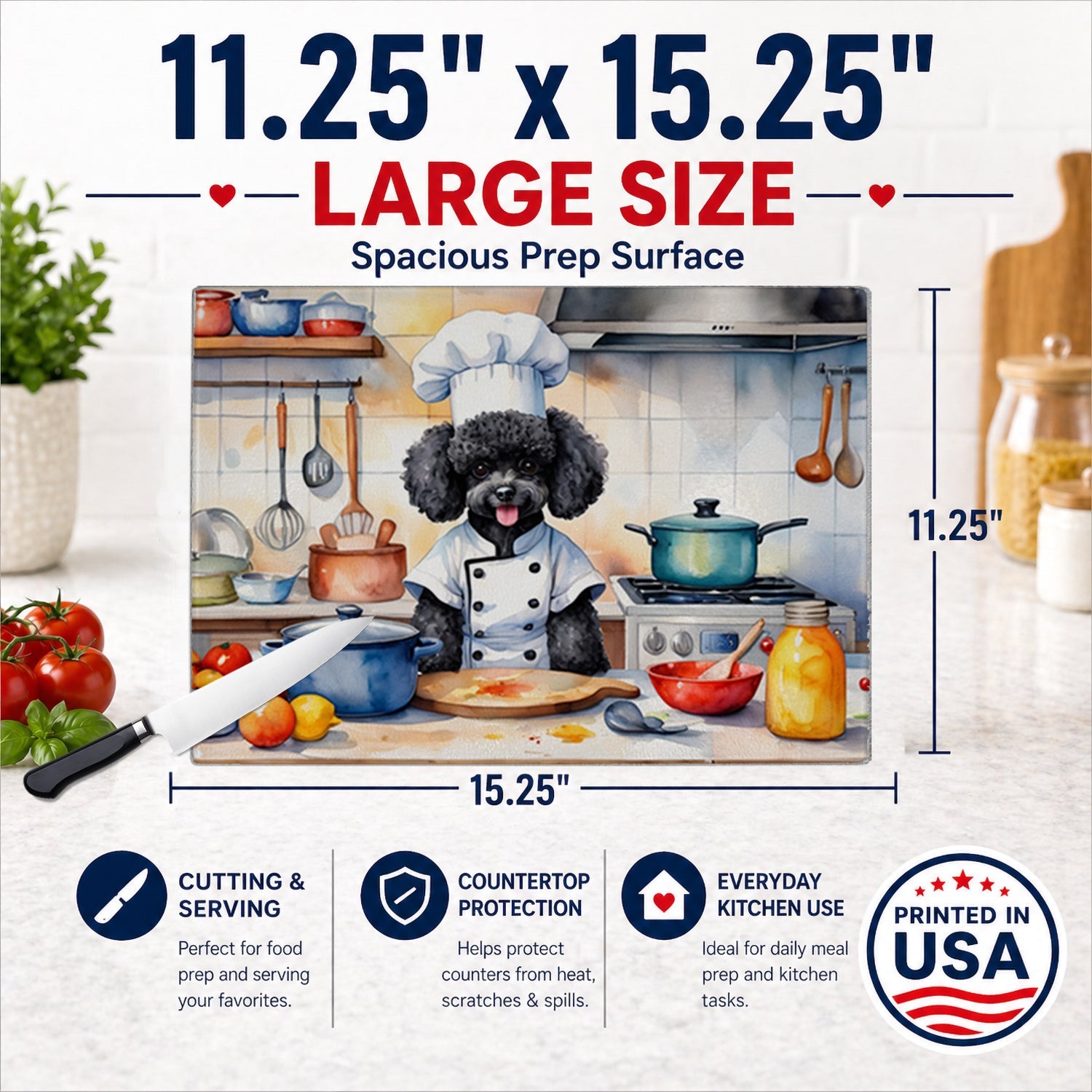 Black Poodle The Chef Cutting Board Tempered Glass Kitchen Cutting Surface, Heat Resistant Chopping, Non-Slip Feet, Food Prep & Serving