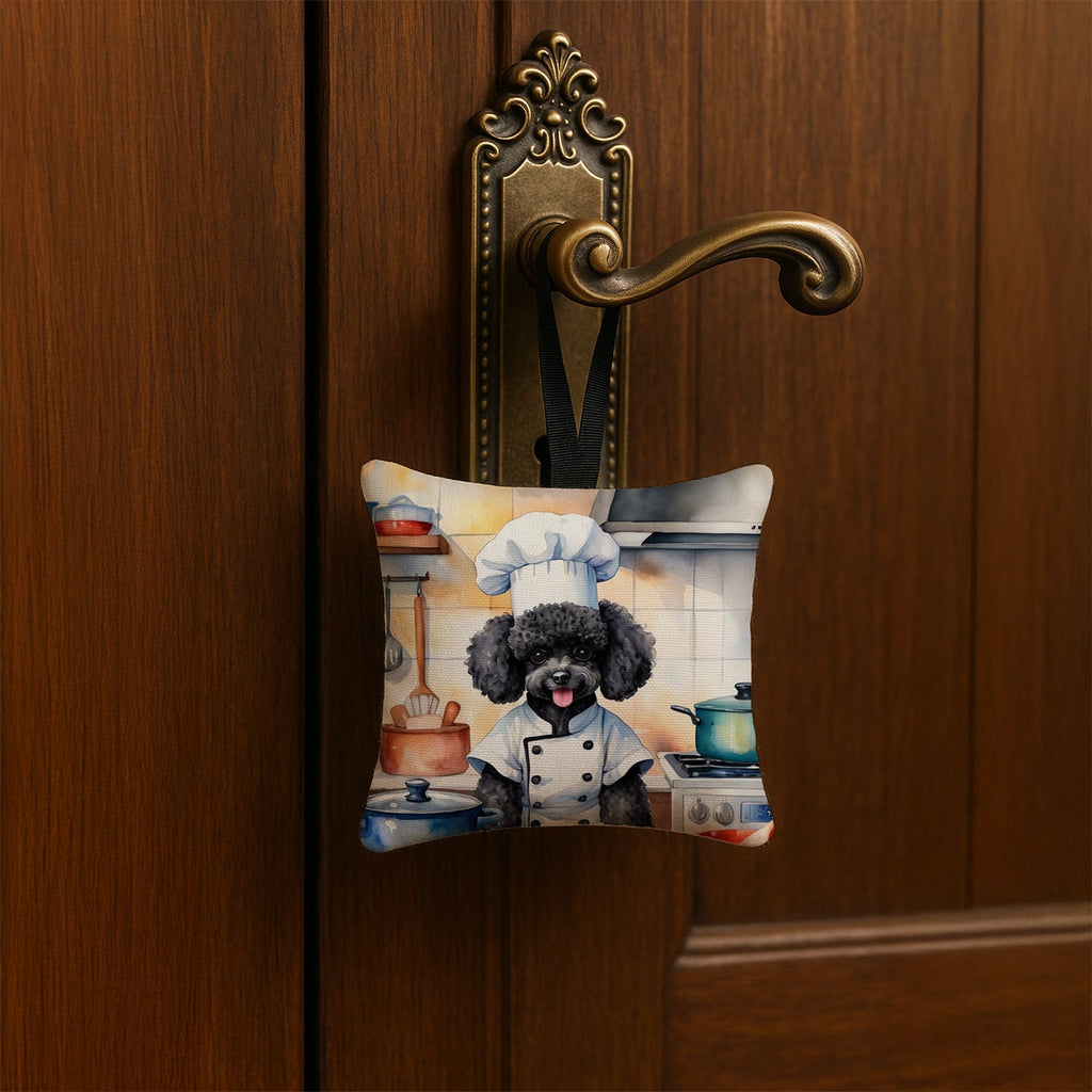 Black Poodle The Chef Hanging Square Fabric Ornament 3.5 × 3.5 Decorative Door-Knob & Tree Hanger, Soft Fabric