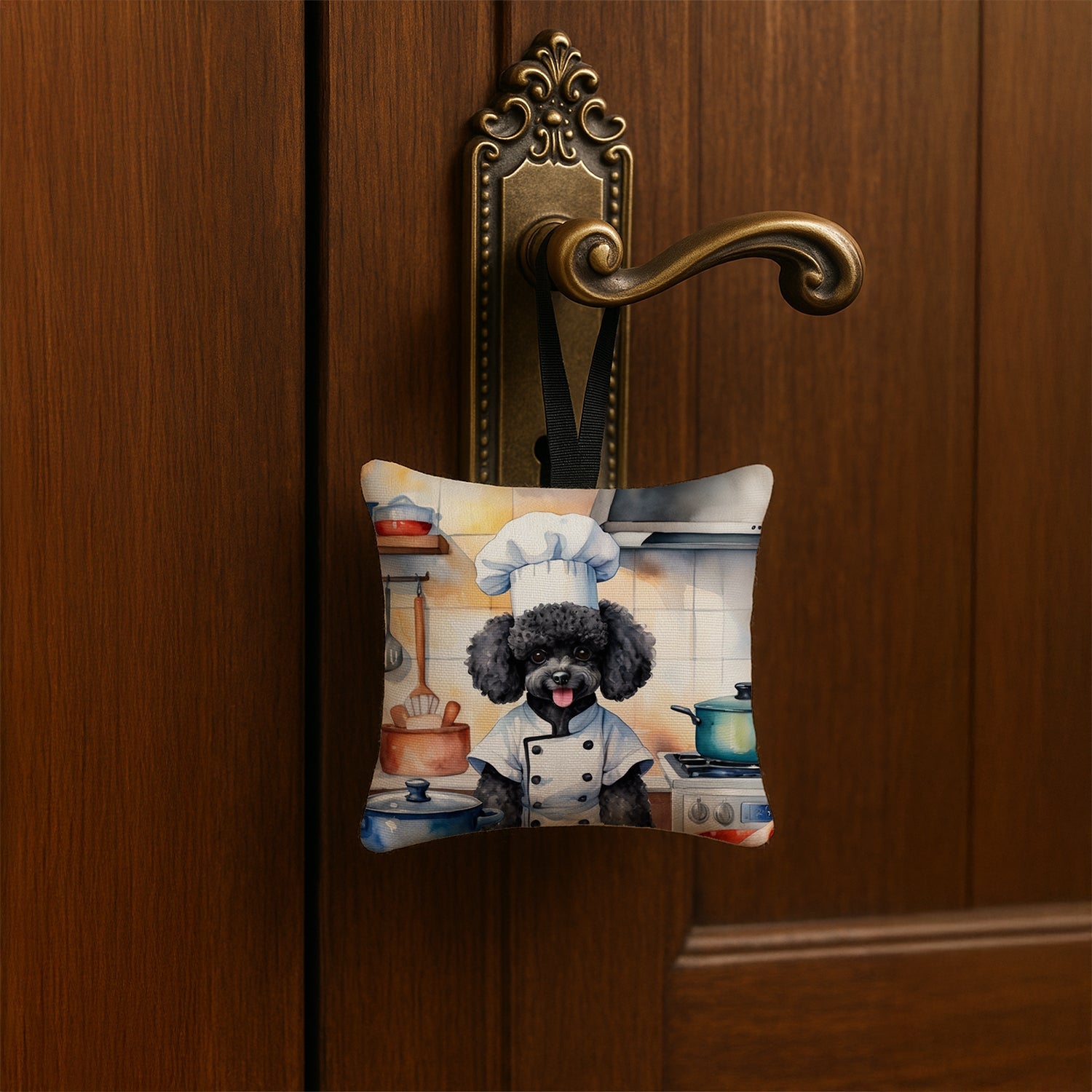 Black Poodle The Chef Hanging Square Fabric Ornament 3.5 × 3.5 Decorative Door-Knob & Tree Hanger, Soft Fabric