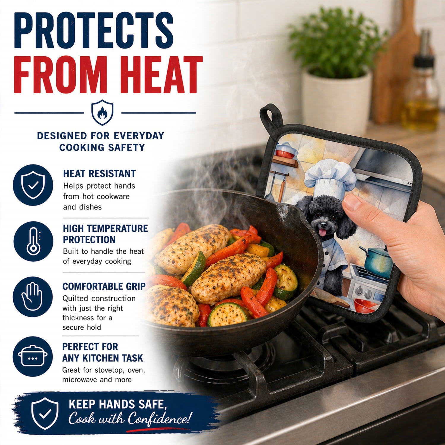 Black Poodle The Chef Pot Holder Set of 2 Heat Resistant Quilted Hot Pads 7.5 x 7.5 Inch, Insulated Kitchen Trivets for Cooking & Baking