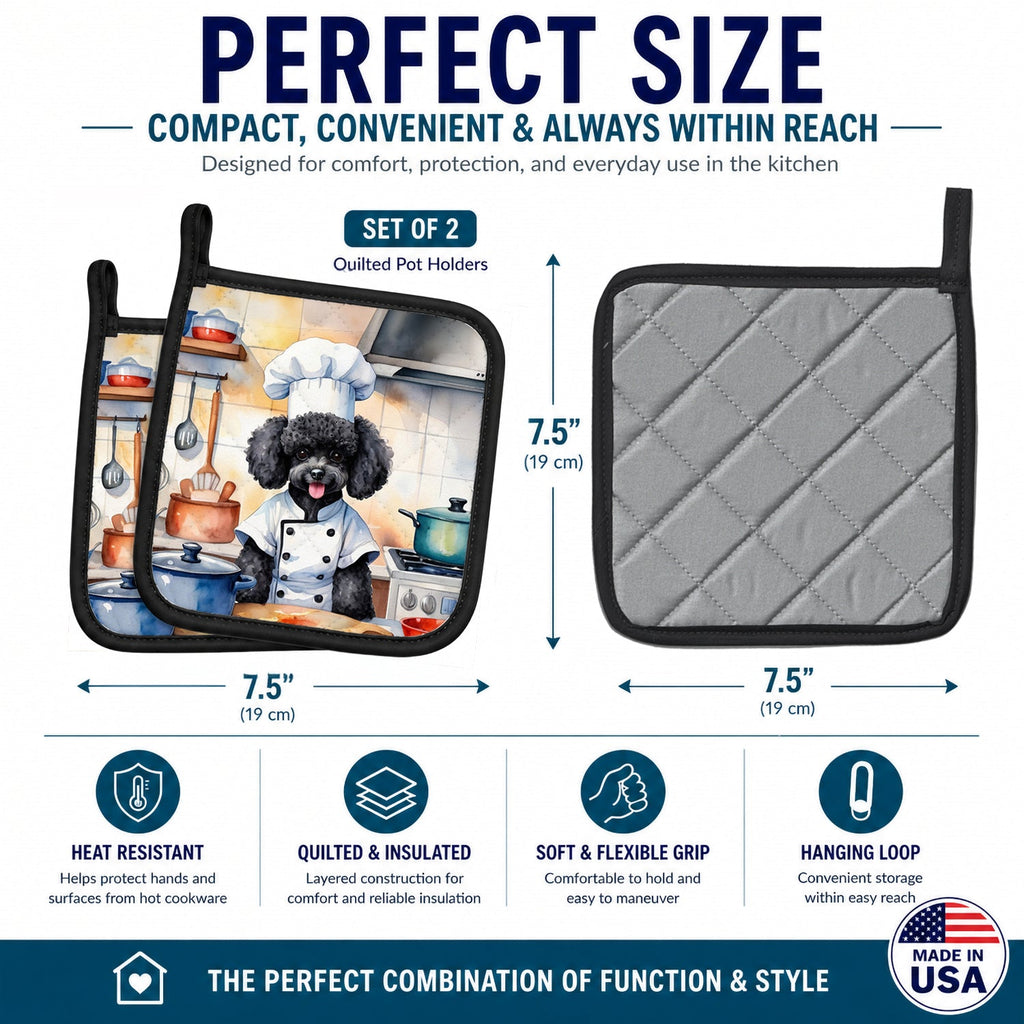 Black Poodle The Chef Pot Holder Set of 2 Heat Resistant Quilted Hot Pads 7.5 x 7.5 Inch, Insulated Kitchen Trivets for Cooking & Baking