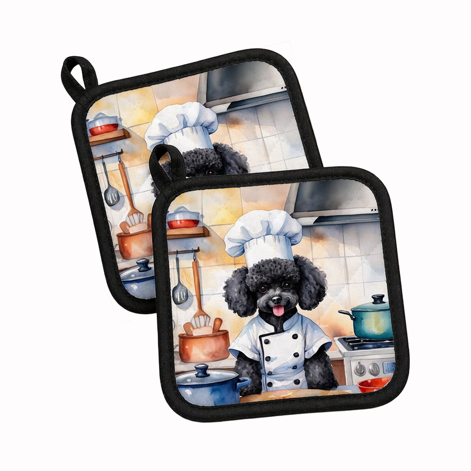 Black Poodle The Chef Pot Holder Set of 2 Heat Resistant Quilted Hot Pads 7.5 x 7.5 Inch, Insulated Kitchen Trivets for Cooking & Baking