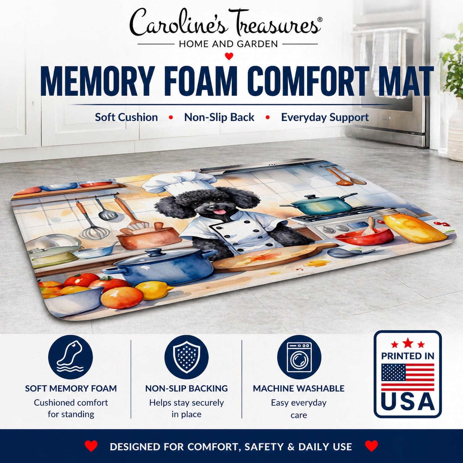 Black Poodle The Chef Memory Foam Kitchen Mat Machine Washable Anti-Fatigue Cushion Comfort Bath or Kitchen Rug